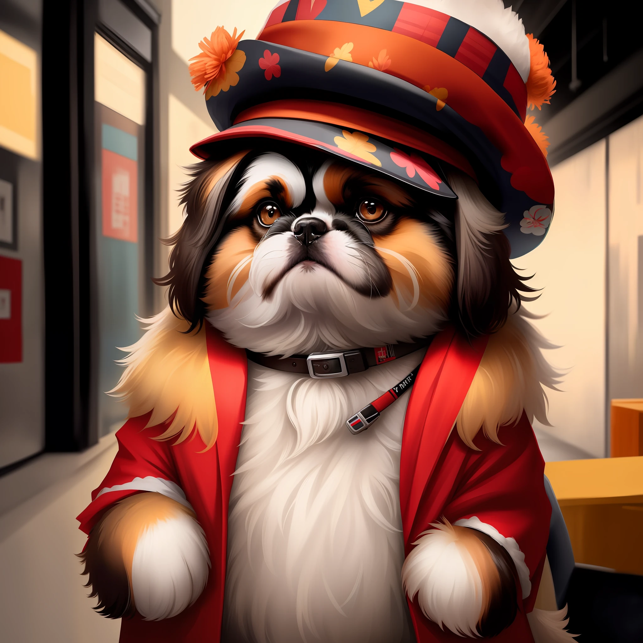 photo, shih-tzu, a portrait photo of [man:dog:2] humanoid in clothes, face, 8k uhd, dslr, soft lighting, high quality, film grain, Fujifilm XT3, hat, headphones, glasses