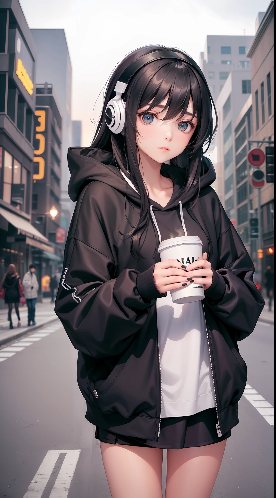 A beautiful girl, wearing oversize black hoodie, wearing headphone, holding a cup of coffee, standing in the middle of the street, night, (masterpiece), (best quality), (ultra detailed),(disheveled hair),(illustration), (1girl),best lighting