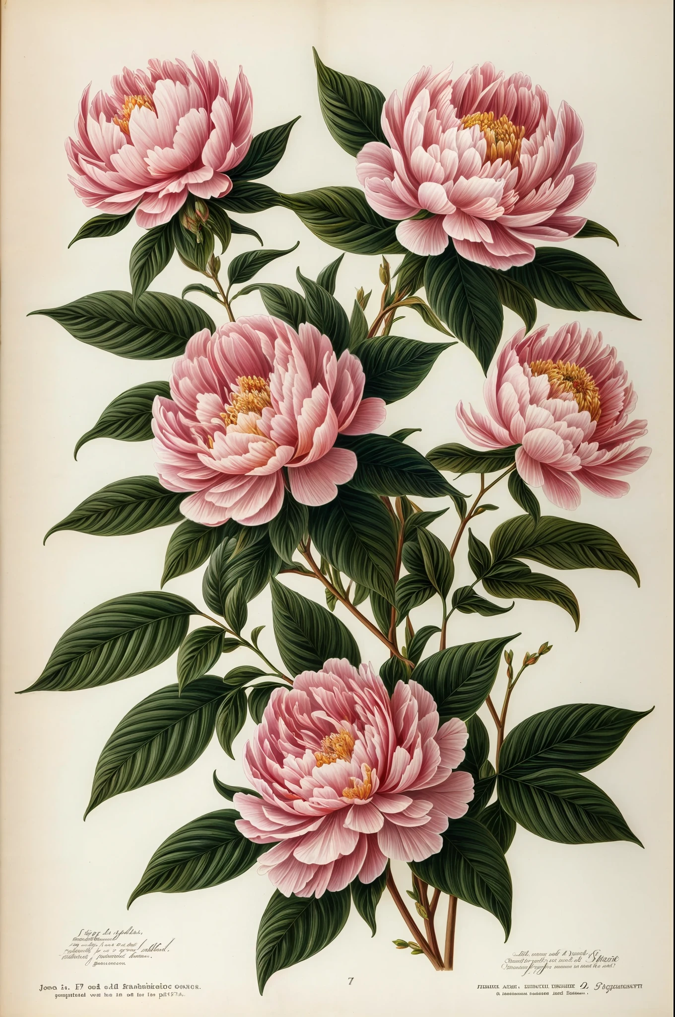 (best quality:1.2), (detailed:1.2), (masterpiece:1.2), vintage botanical illustrations of peonies (1770 1775) in high resolution by John Edwards