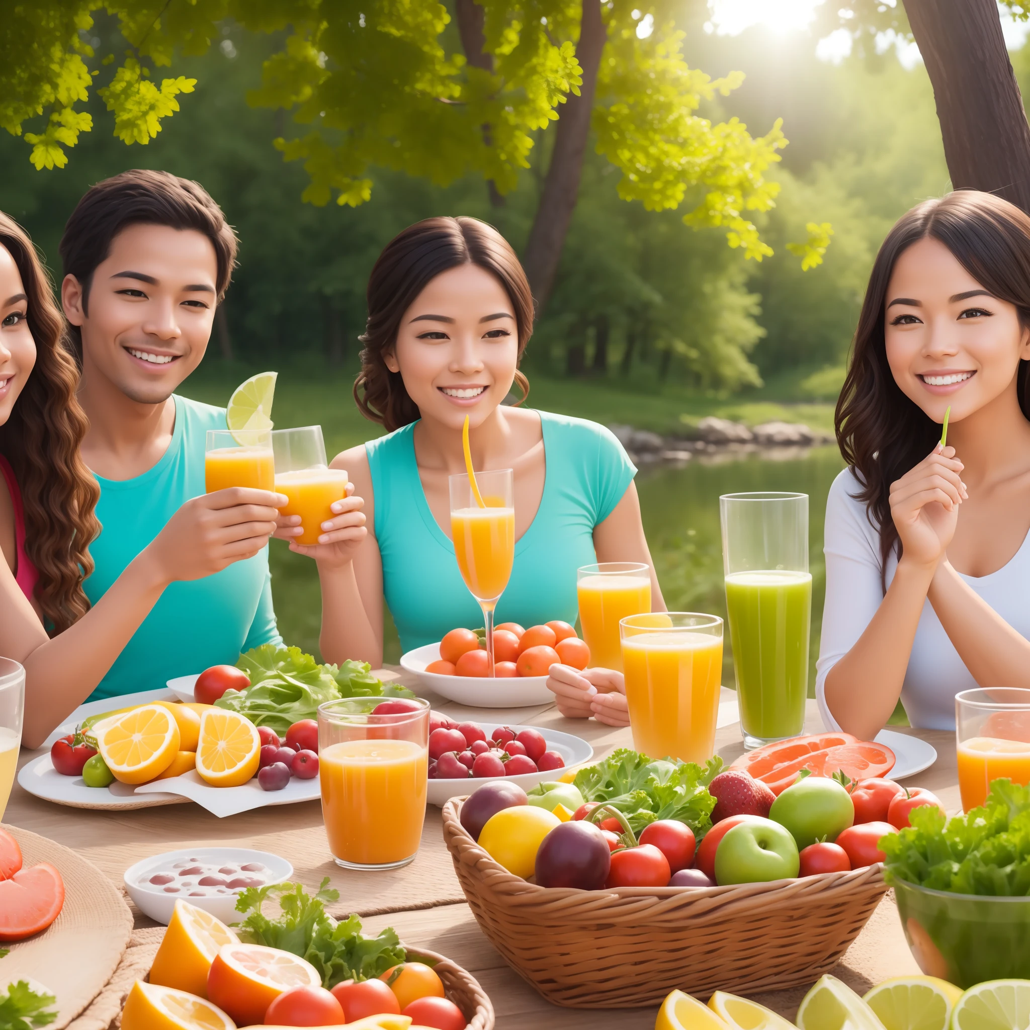 Ultra detailed image of people enjoying healthy foods, in a well-lit and pleasant scene with vibrant colors and nature in the background.
