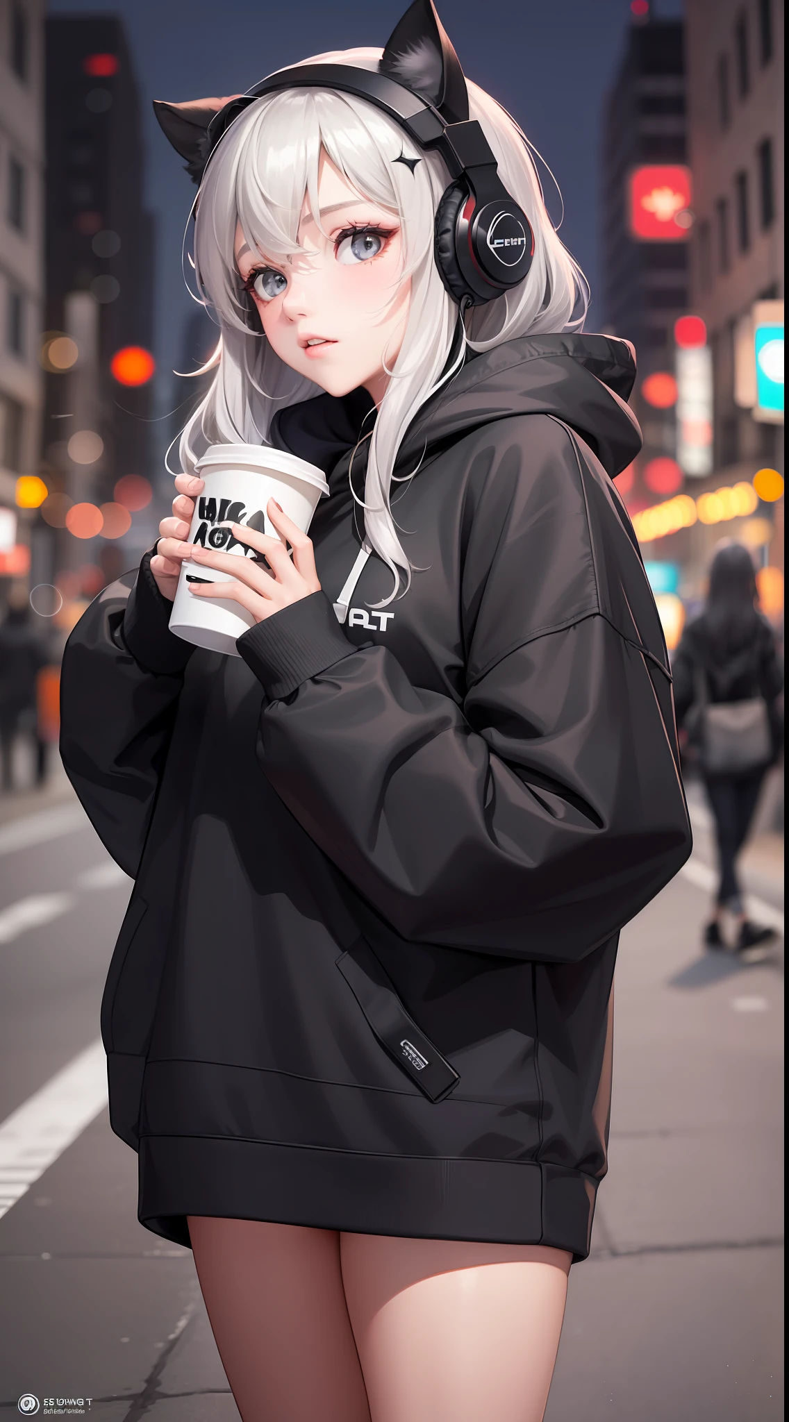 A beautiful girl,  wearing oversize black hoodie, wearing headphone,  holding a cup of coffee,  standing in the middle of the street,  night, (masterpiece), (best quality), (ultra detailed),(disheveled hair),(illustration), (1girl),best lighting
