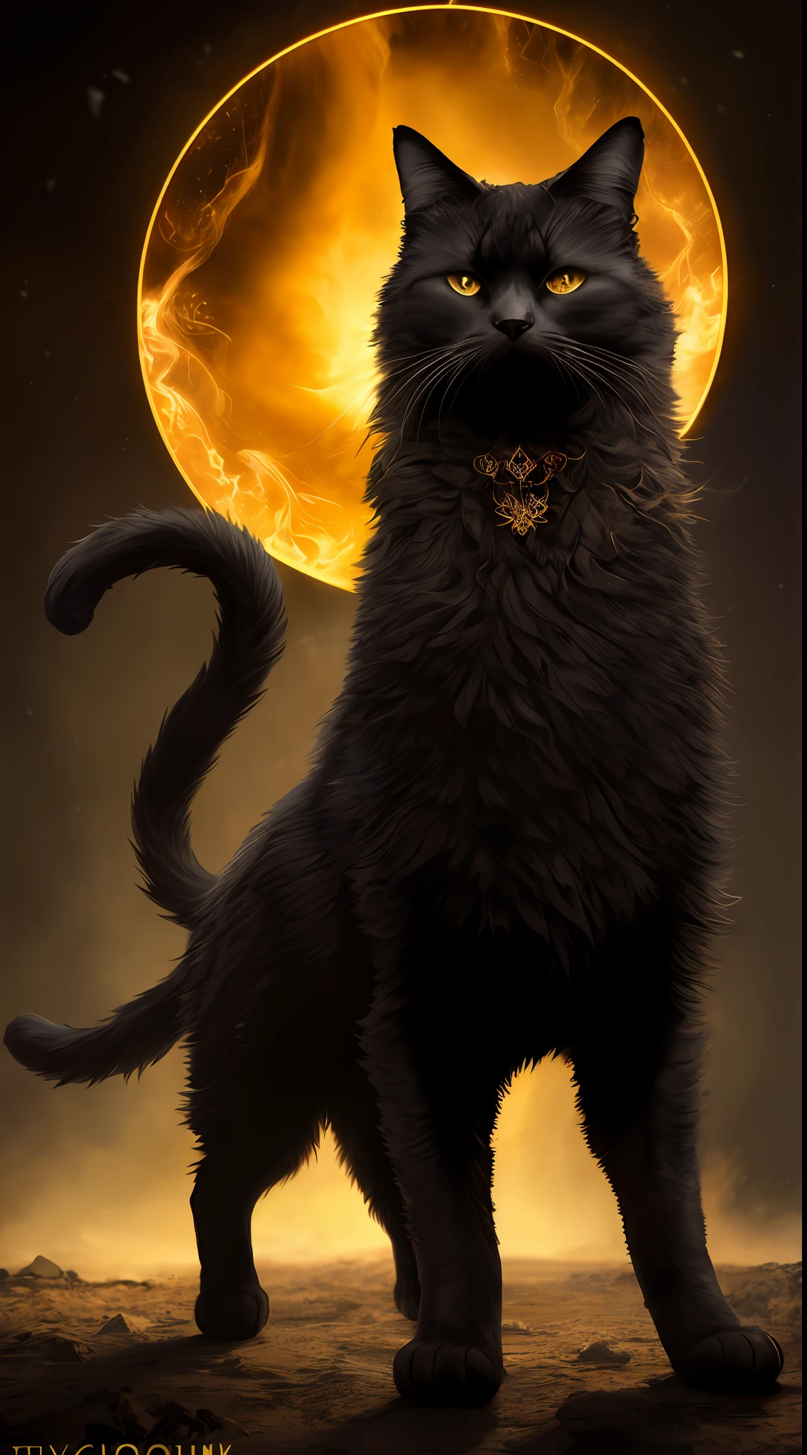 ultra wide angle, in focus, dark epic background, gorgeous lifelike, moody golden fur design, dynamic pose of a cat, the full and whole body, full length shot, hyper details, lighting art, cinematic, insane details, intricate details, hyperdetailed, goth, fractal, dark shot