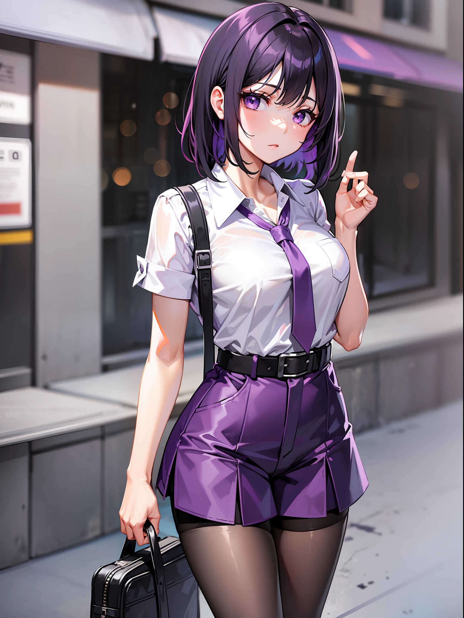 Black hair short, short purple clothes with white collar sleeves, purple shorts, white waist belt, color pantyhose, girl, outdoor