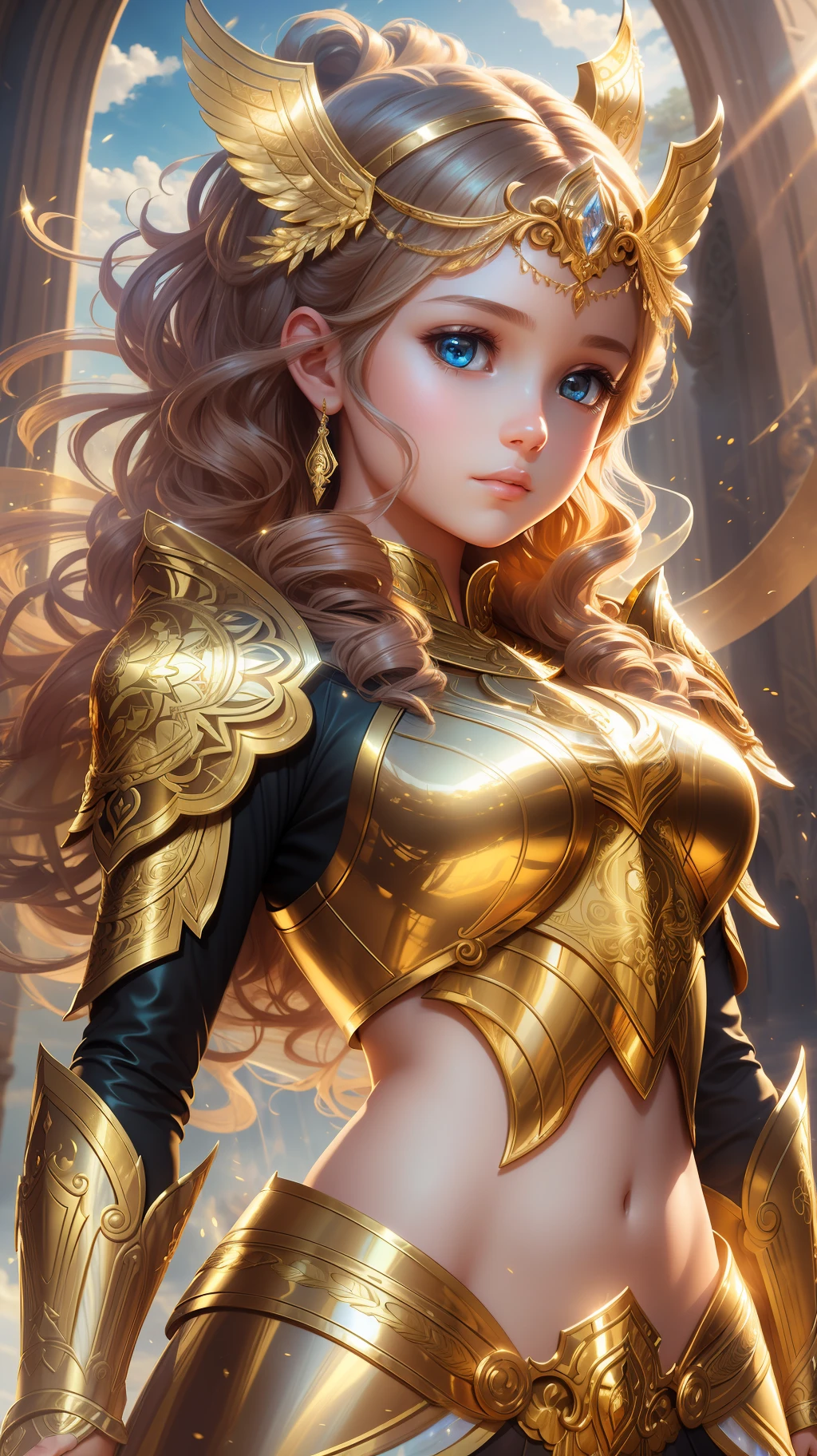 award winning concept art of (1girl:1.2) in golden shiny ornate armor, outdoors, god rays, centered, (masterpiece:1.2), (best quality:1.2), Amazing, highly detailed, beautiful, finely detail, warm soft color grading, Depth of field, extremely detailed 8k, fine art, stunning, iridescent, shiny, light reflections, crisp, curls