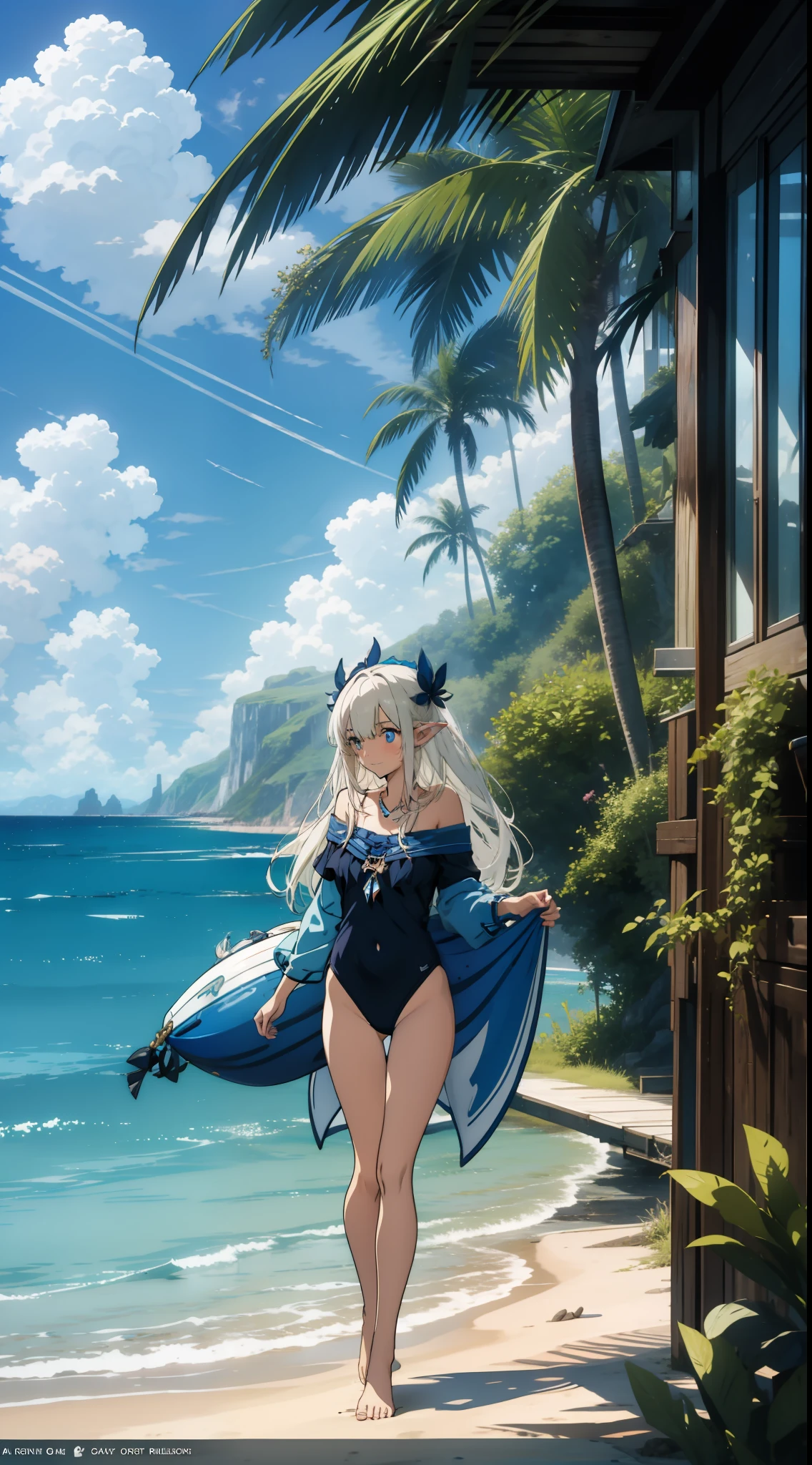 1 girl, elf, swimsuit, seaside, playing by the seaside, concept art, official art, high quality