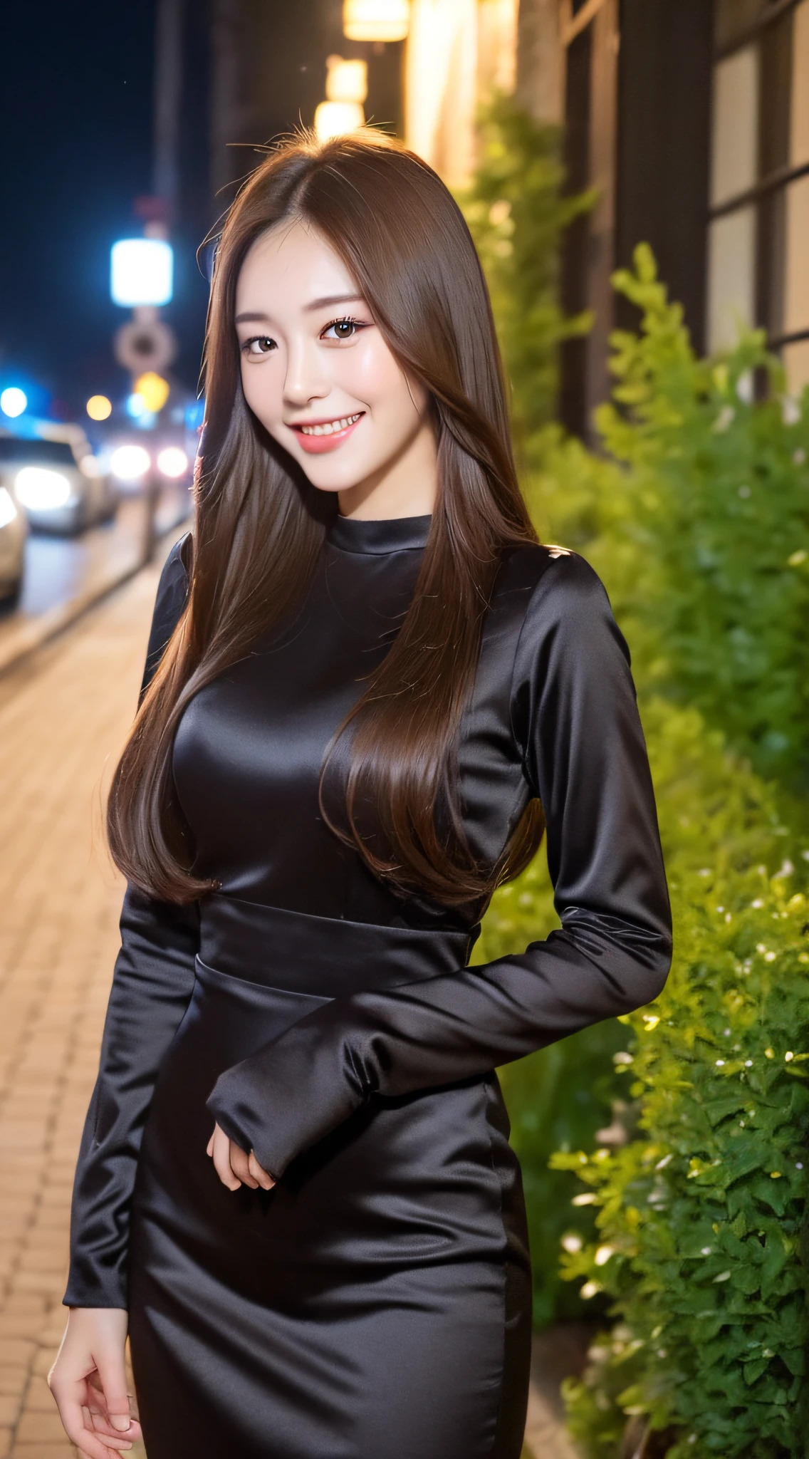 ((Best quality, 8k, Masterpiece :1.3)), 1girl, smiling, full body, slim face, Pretty woman, (Dark brown hair), full length dress :1.1, Ultra-detailed face, Detailed eyes, Double eyelid, blur background, slim face, city, outside, street,