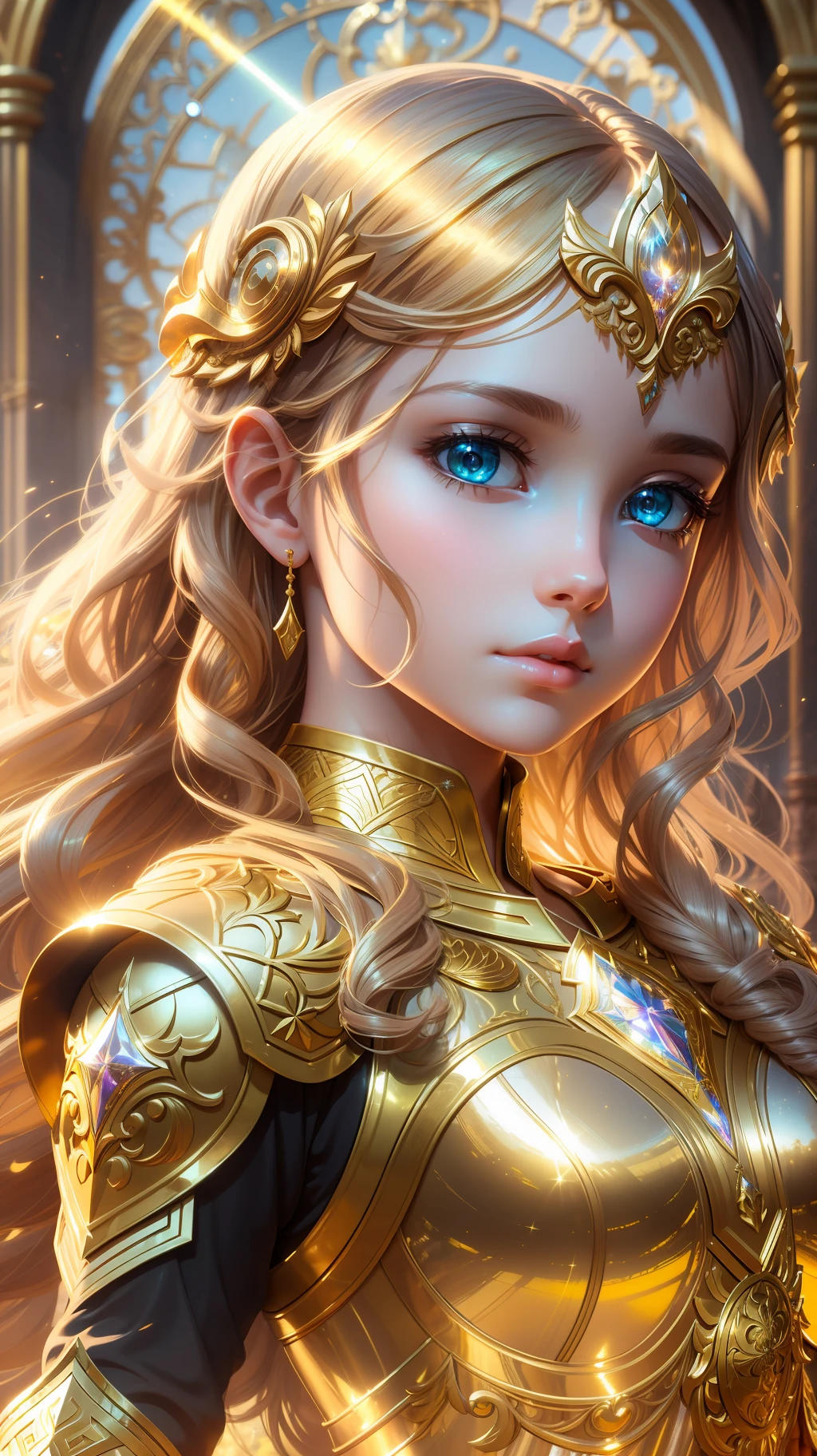 award winning concept art of (1girl:1.2) in golden shiny ornate armor, outdoors, god rays, centered, (masterpiece:1.2), (best quality:1.2), Amazing, highly detailed, beautiful, finely detail, warm soft color grading, Depth of field, extremely detailed 8k, fine art, stunning, iridescent, shiny, light reflections, crisp, curls