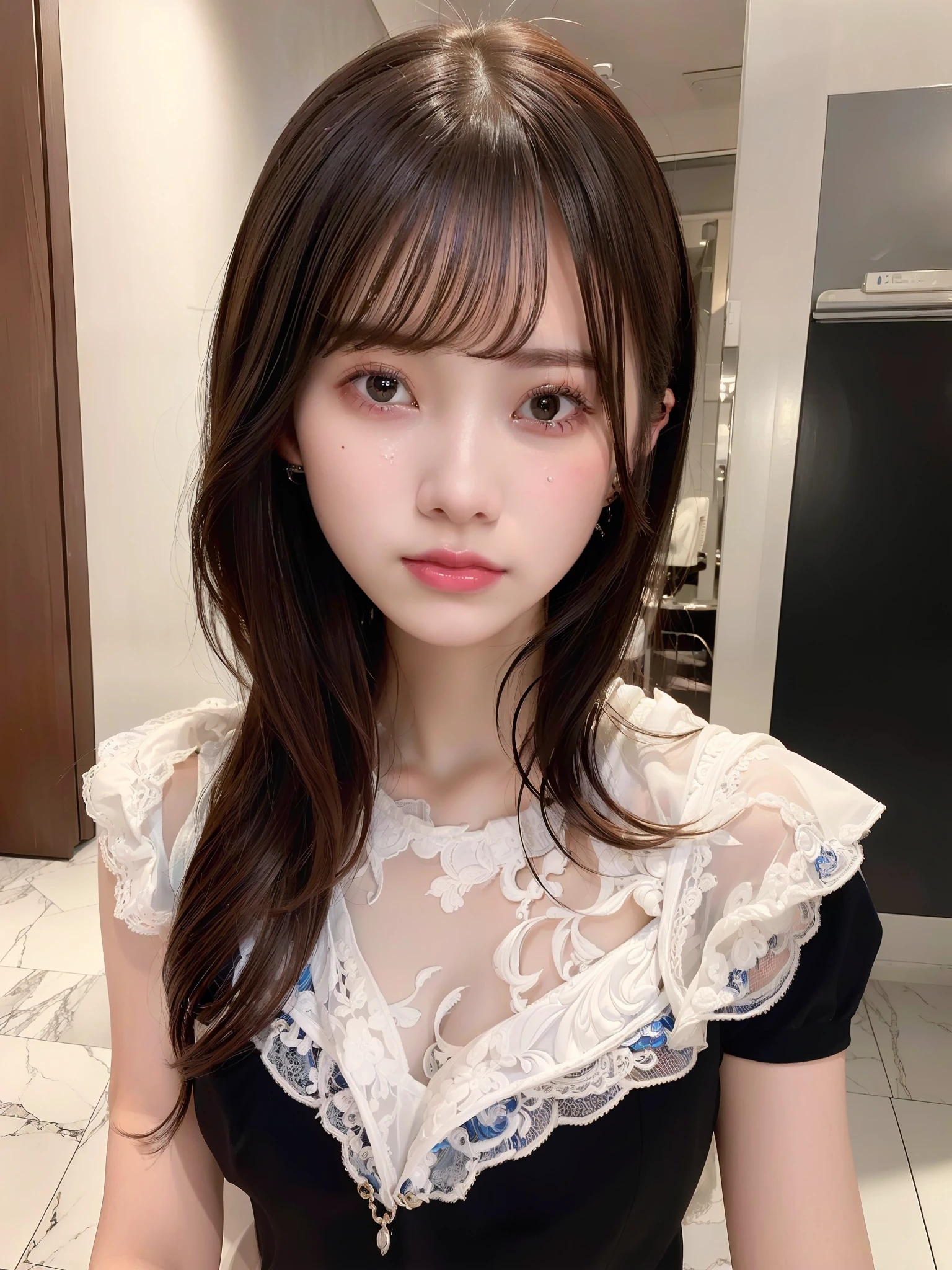 (8k, best quality, masterpiece, ultra high res, highly detail face:1.3), portrait, (20 years old girl:1.3), beautiful, kawaii, dark hair,bob, clothes, from front, (crying),Inside the room,