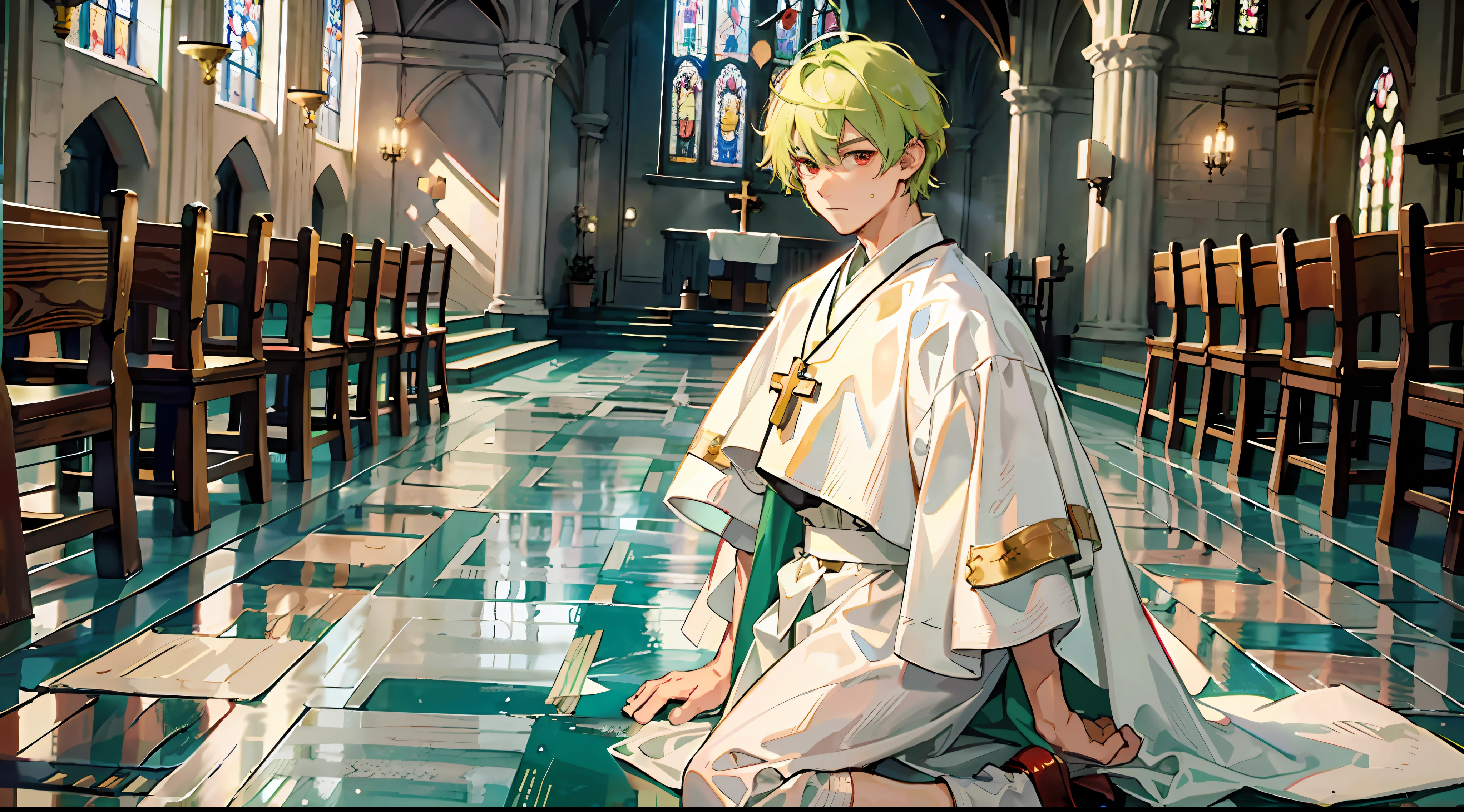 (Masterpiece: 1.4, highest quality), two young men facing each other in a church, and
2 young men, very cute and cool, with best image quality, (Cool young man in military uniform with very short blonde hair and red eyes: 1.2), and 2 young men, very cute and cool, with best image quality (cute young man and white clergy robe with green hair and big eyes: 1.2), dynamic pose, blush