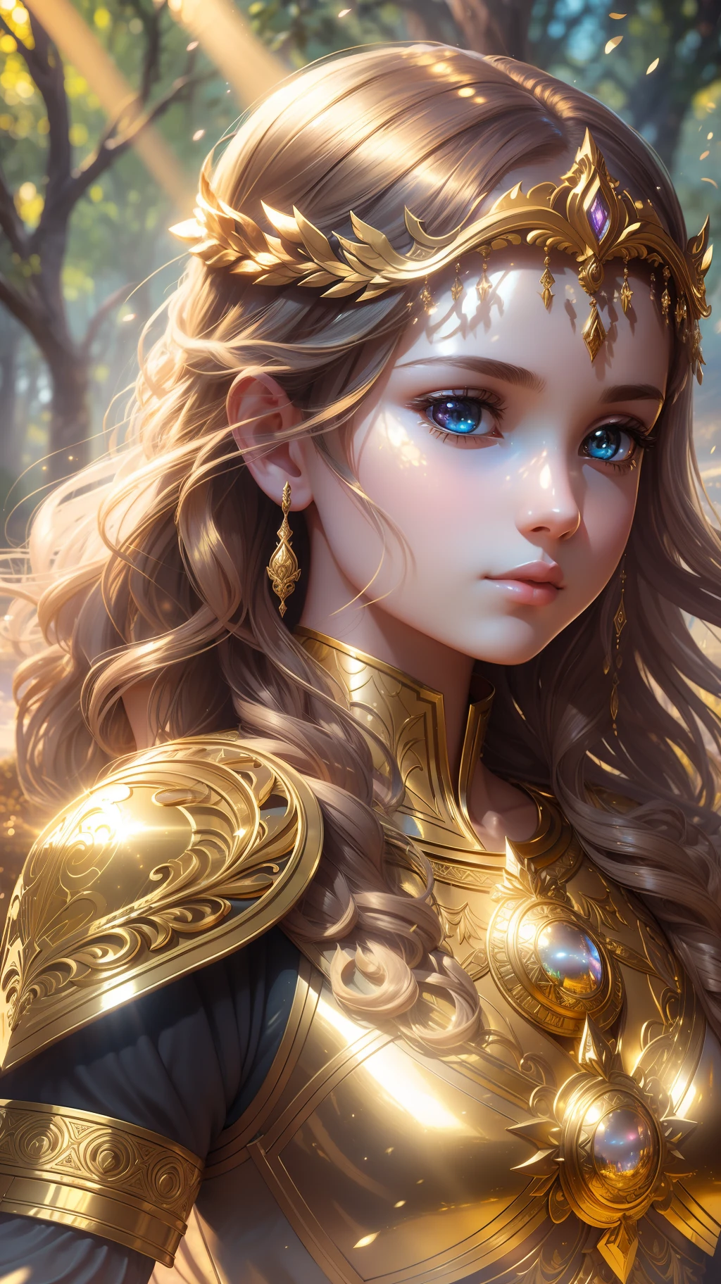 award winning concept art of (1girl:1.2) in golden shiny ornate armor, outdoors, god rays, centered, (masterpiece:1.2), (best quality:1.2), Amazing, highly detailed, beautiful, finely detail, warm soft color grading, Depth of field, extremely detailed 8k, fine art, stunning, iridescent, shiny, light reflections, crisp, curls