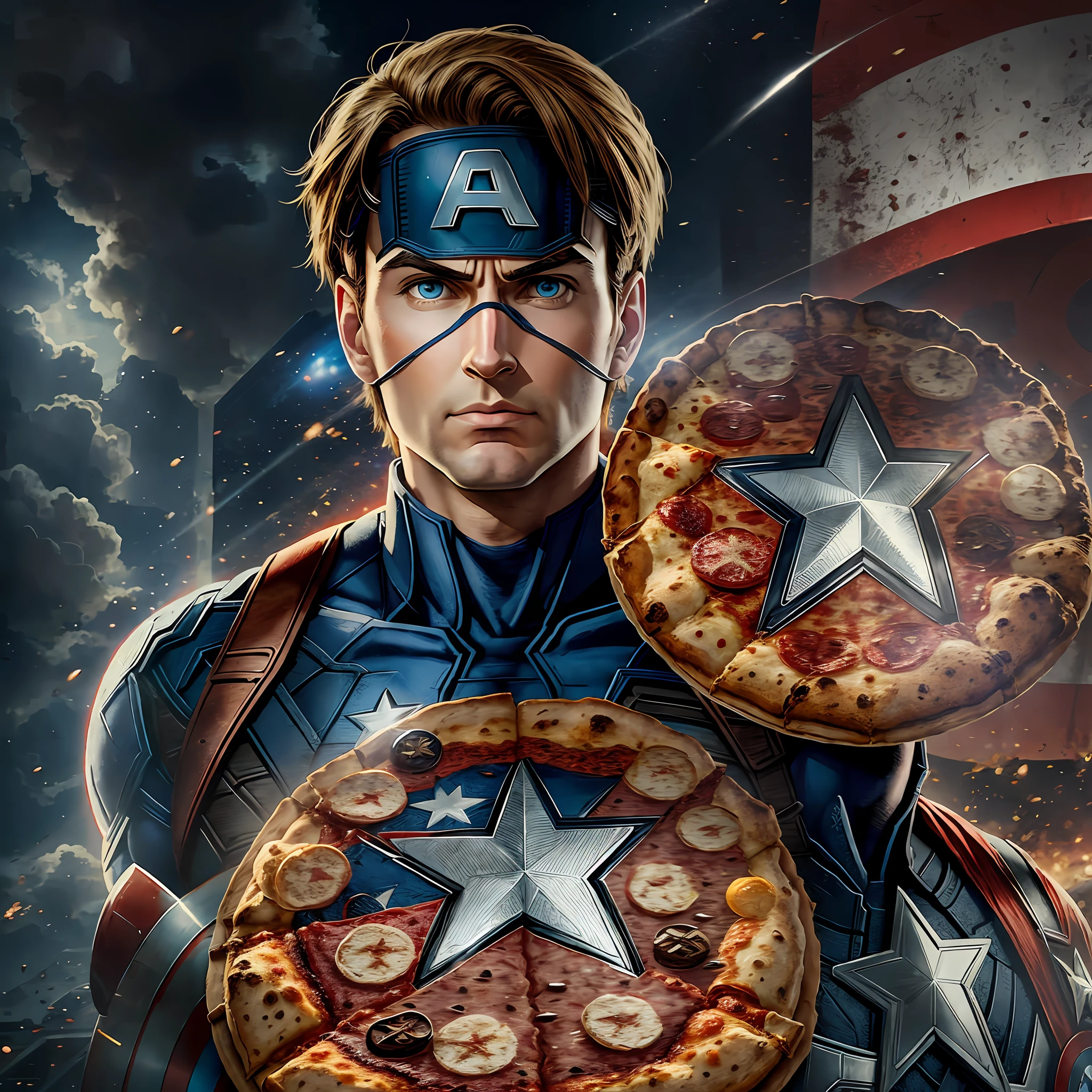 Captain America, Marvel, with a pizza box in hand, (Higth Definition) (many details) 4K --auto --s2