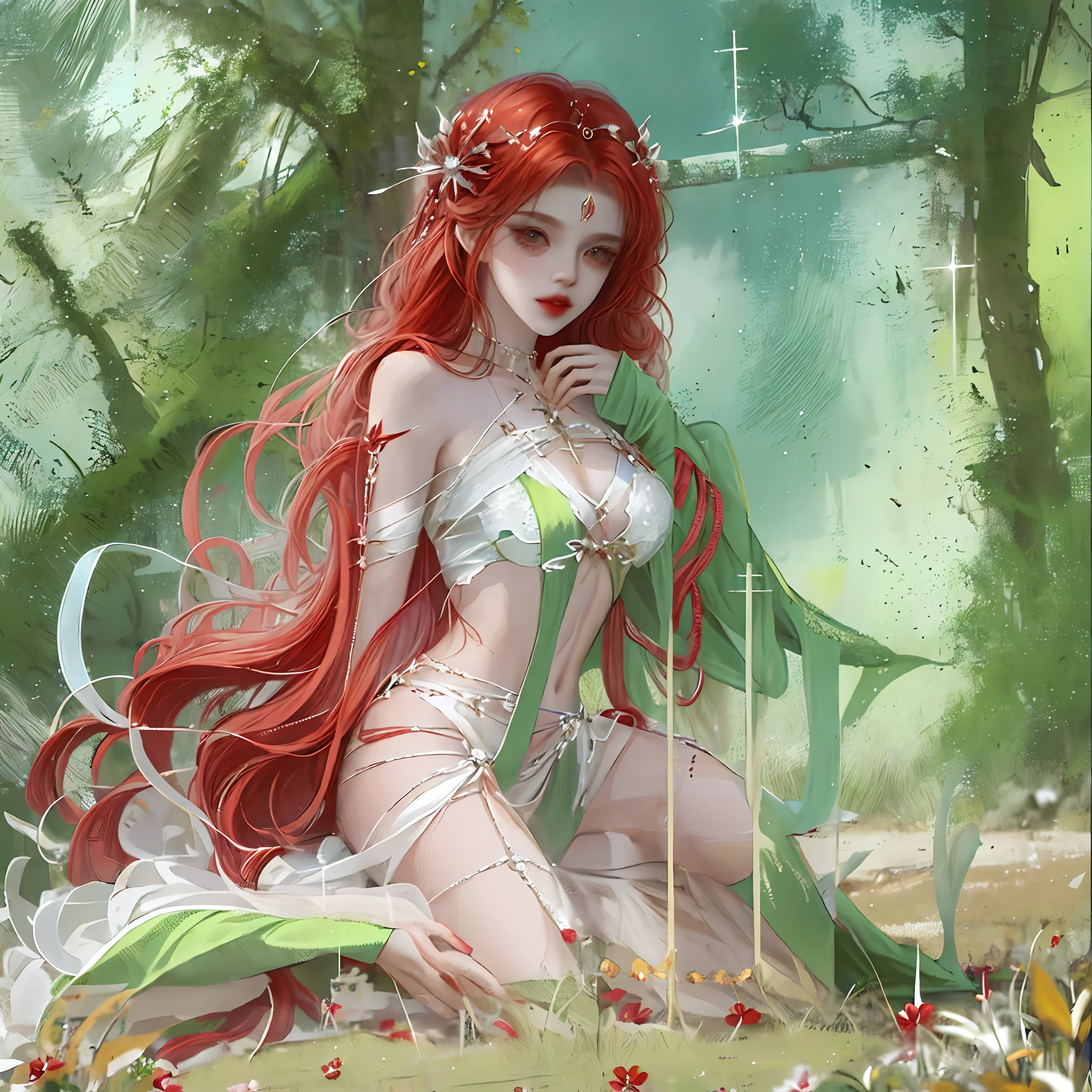 A half-naked maiden with long red hair is tied to a cross, dying, and a green half-naked maiden is on the side preparing for execution, 3d --auto --s2