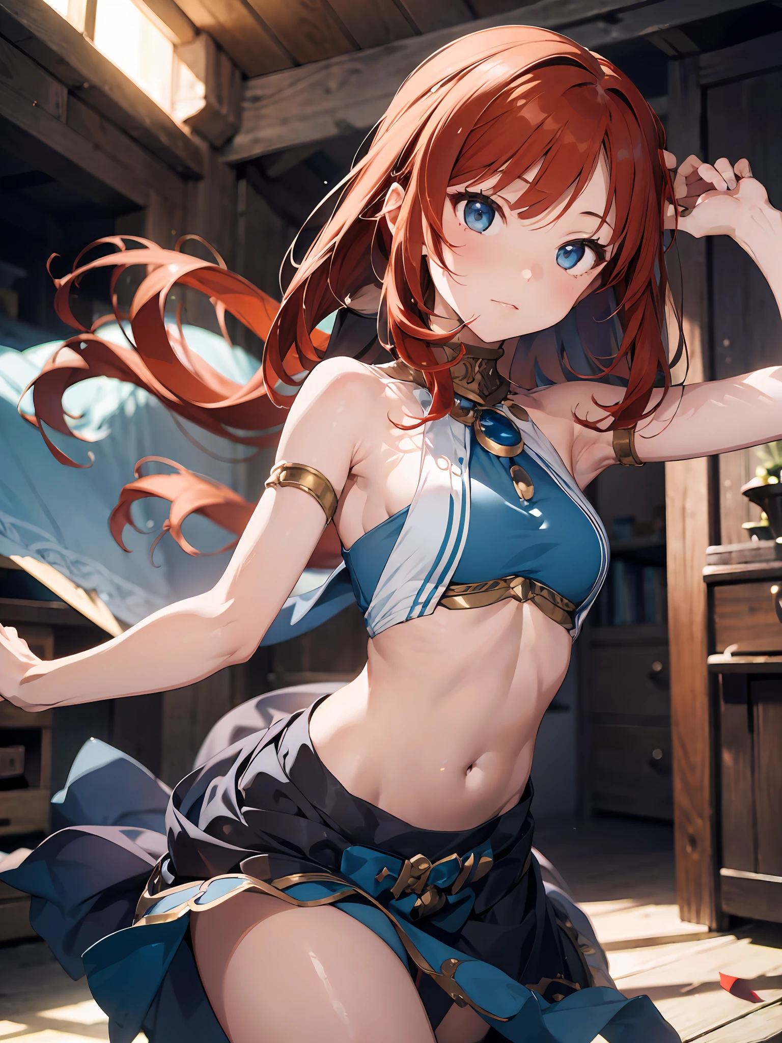 1girl, (solo:1.2), ((masterpiece)), (shadow), [slim], (small breasts), ((sharp focus)), pale skin, ((detailed eyes)), (blurry background), (dynamic angle), dynamic pose, nilou (genshin impact), red hair, armpits, big sword, blue skirts, long hair, sandals, navel