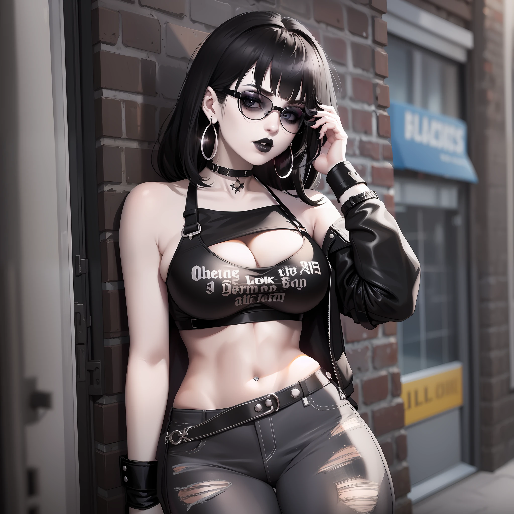 Goth girl, short messy black hair with messy bangs, white pale skin, black make-up, round sunglasses, earrings, medium breasts, bra, tank top, skinny figure, waist, thighs, sling bikini, black tight jeans, black leather jacket, belt on jeans, boots