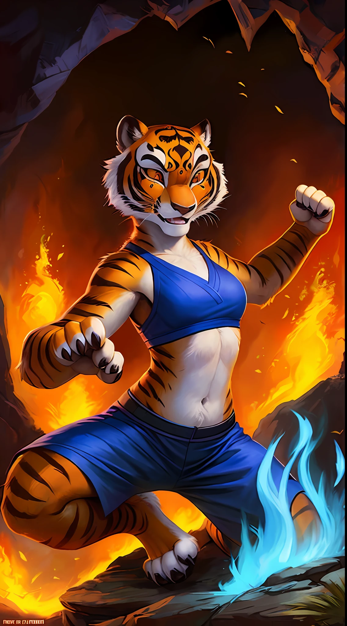 uploaded to e621, raw photo, realistic, anthro, detailed face, detailed fur, high resolution, beautiful and detailed portrait of Tigress from Kung fu Panda, Tigress, Kung fu Panda, kenket, Ross Tran,ruan jia, uploaded to e621, zaush, foxovh, cenematic lighting, Chinese cave, dragon statues, small chest, whole body, beautiful, enthusiastic face, solo, 1girl, kung fu clothes, fight pose, At night, surrounded by the blue fire, everything is burning, blue fire,