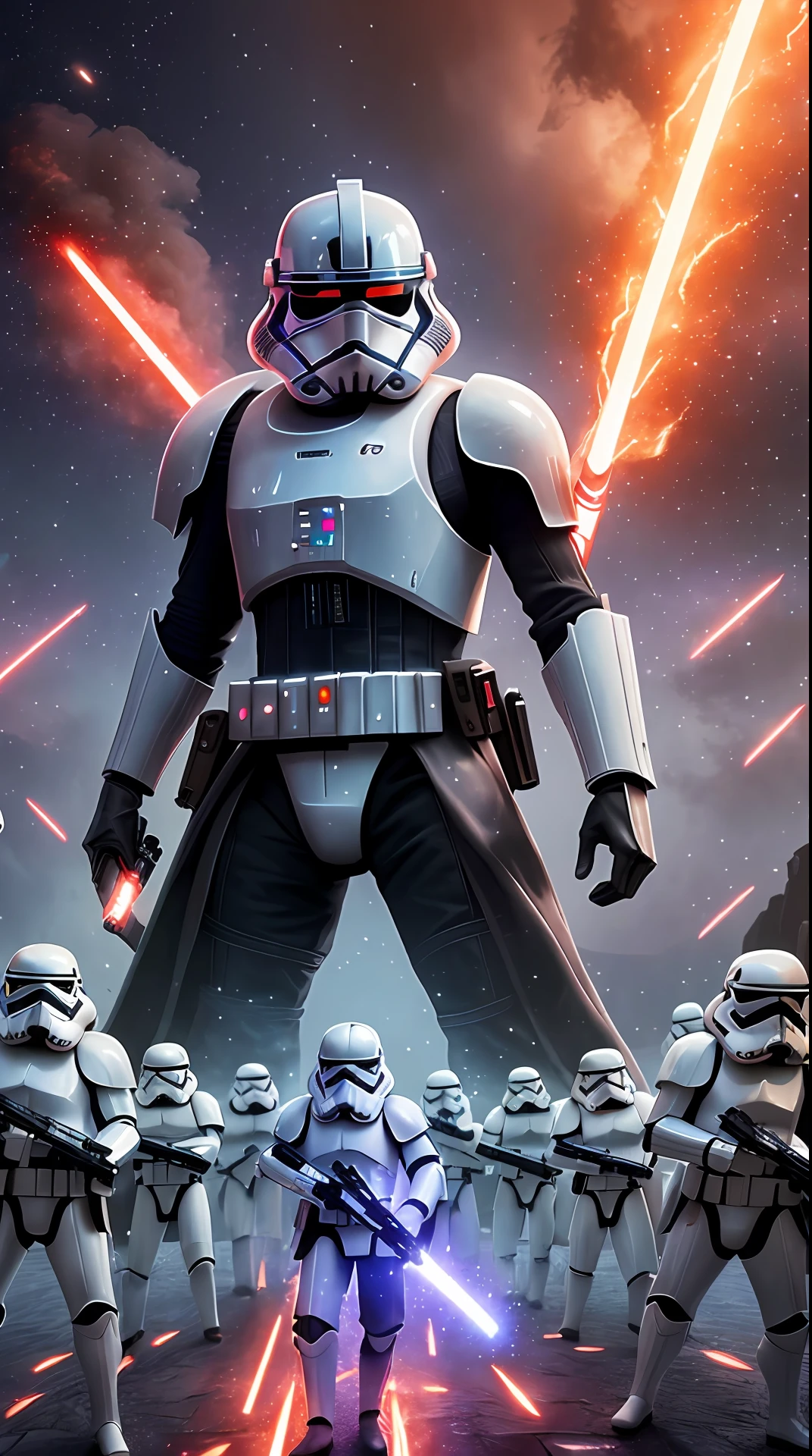 (extremely detailed CG unity 8k wallpaper, masterpiece, best quality, ultra-detailed), best illumination, foggy galaxy, glowing stars, a majestic villain standing tall in the darkness, surrounded by his army of stormtroopers, black armor glinting menacingly, his red lightsaber ignited, crackling with power, ready for battle. --auto --s2