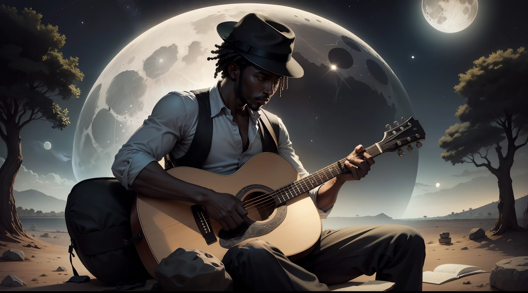 African seated stone, illustration of a black man ((African)) in hat, night of the 1930s, full moon, with his guitar on the back, handmade drawing and with black pencil, black and white drawing, as if it were a sketch