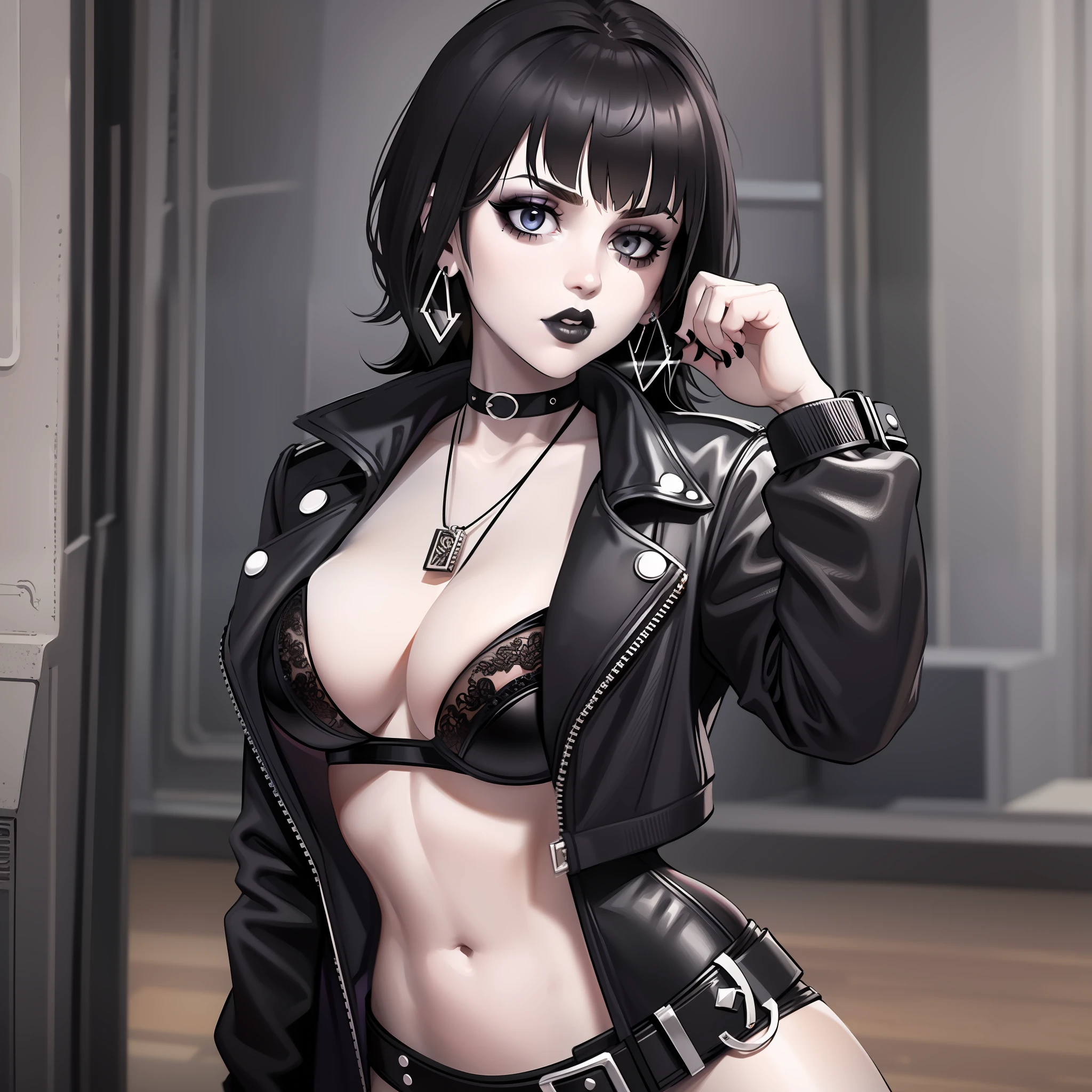 Goth girl, short messy black hair with bangs, white pale skin, black make-up, round sunglasses, earrings, medium breasts, bra, tank top, skinny figure, waist, thighs, sling bikini, black tight jeans, black leather jacket, belt on jeans, boots