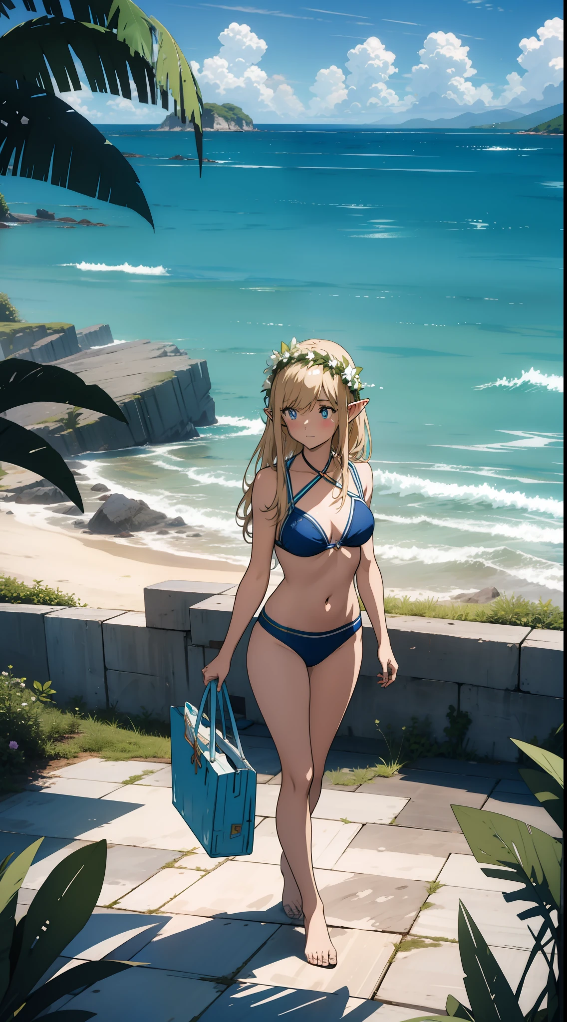 1 girl, elf, swimsuit, seaside, playing by the seaside, concept art, official art, high quality