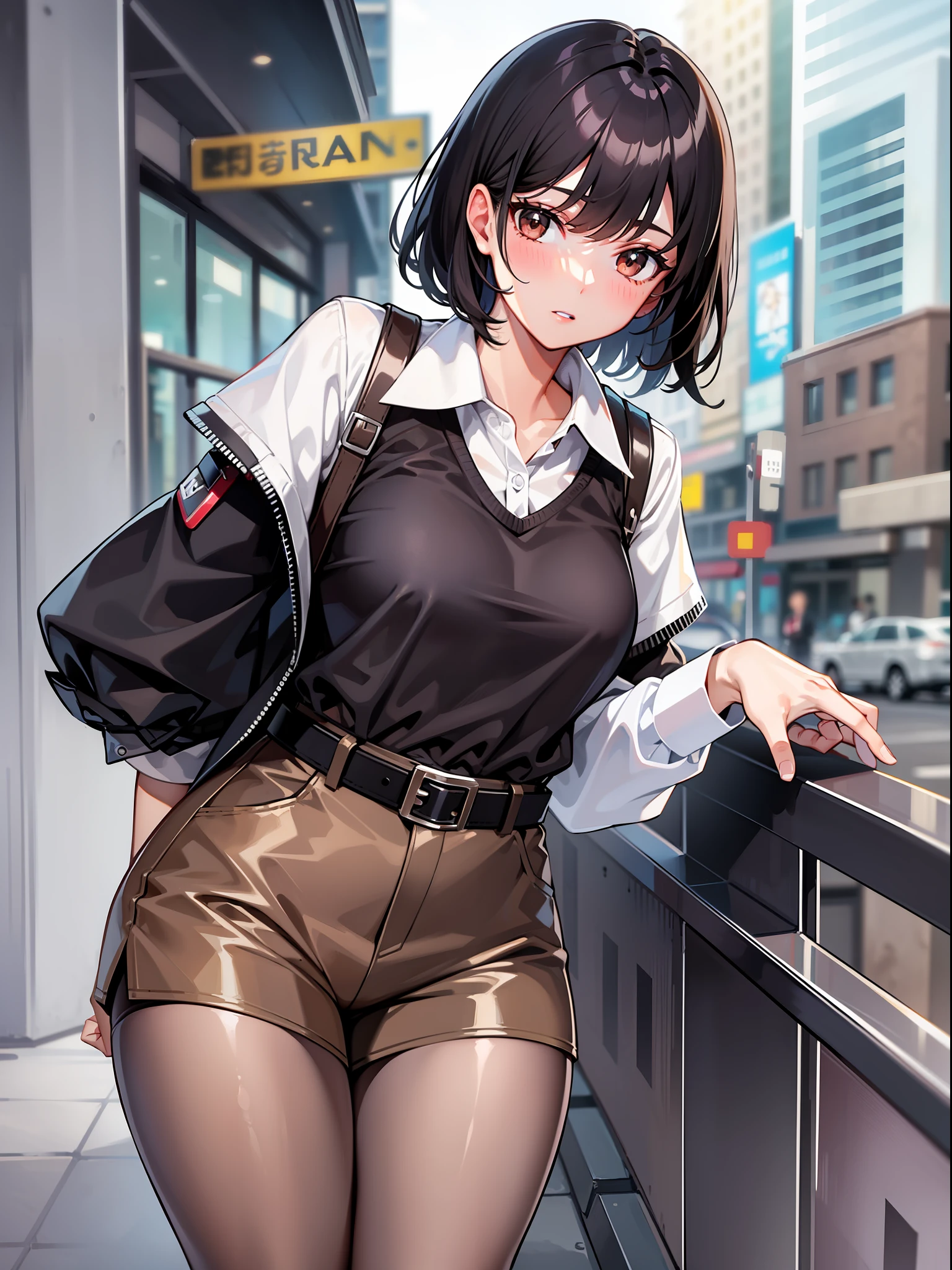 Black hair short, short brown clothes with white collar sleeves, brown shorts, white waist belt, color pantyhose, girl, outdoor