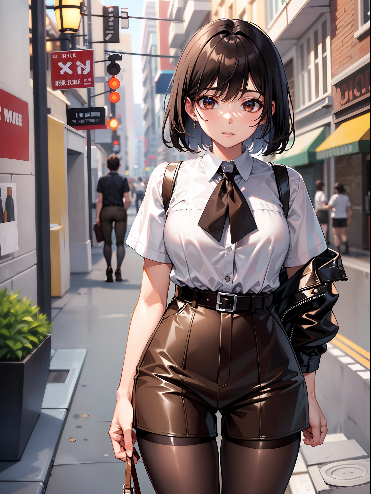 Black hair short, short brown clothes with white collar sleeves, brown shorts, white waist belt, color pantyhose, girl, outdoor