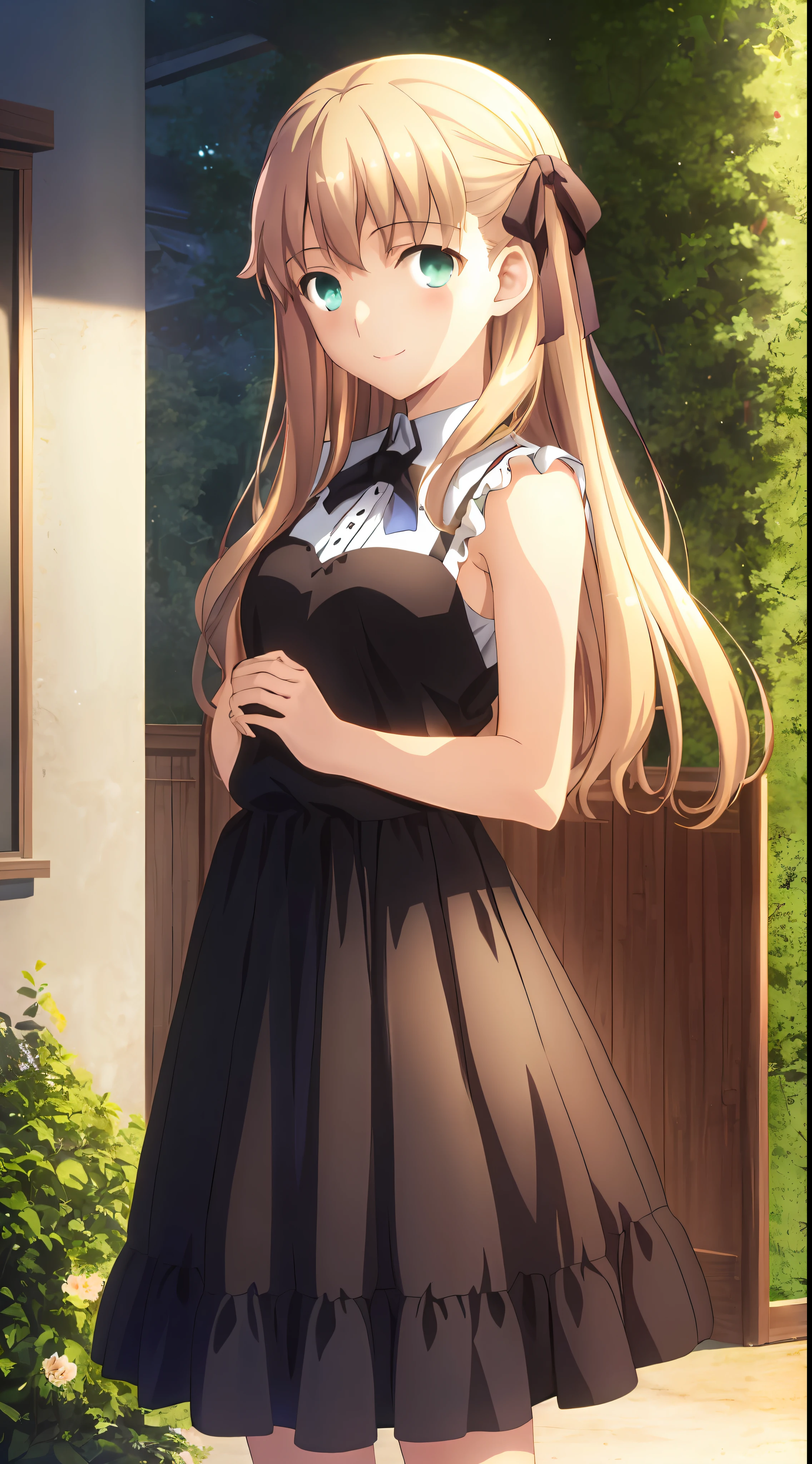 (masterpiece, best quality, ultra resolution, high-res, ufotable screen cap, official art, closeup), a cute and happy teen girl, 1girl, solo, blonde very long hair, green eyes, detailed eyes, beautiful detailed eyes, hands behind back, arms behind back, sleeveless white shirt, black skirt, (small breasts, Loli:1.2), big smile, happy, cute, looking at viewer, indoors, very very cute, soft expression