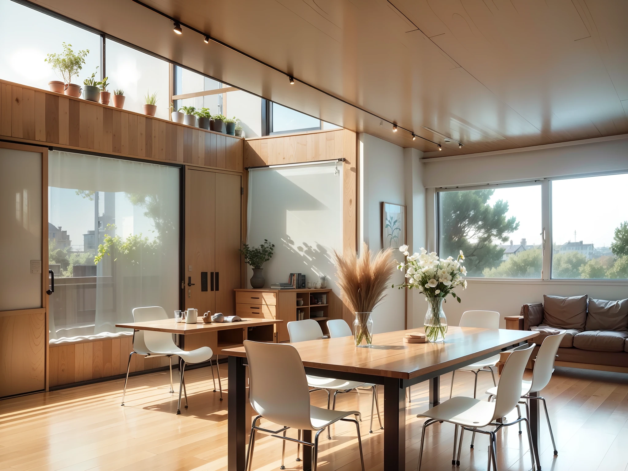 a sketch of a beautiful modern living room, (((foster and partners, artists impression, artistic impression, by Hamish MacDonald, by Carey Morris, by David Brewster, higher detailed illustration, by Helen Berman, an illustration, detailed illustration, by Nick Fudge, by Warren Mahy, artist's impression))), a red kitchen cabinet behind the white sofa, with minimal pictures on the wall, linen curtain next to the classroom window, coffee table, modern wood, ceiling with magnetic emissive lighting, white fabric PRB textures, wooden floor PRB texture, --auto --s2