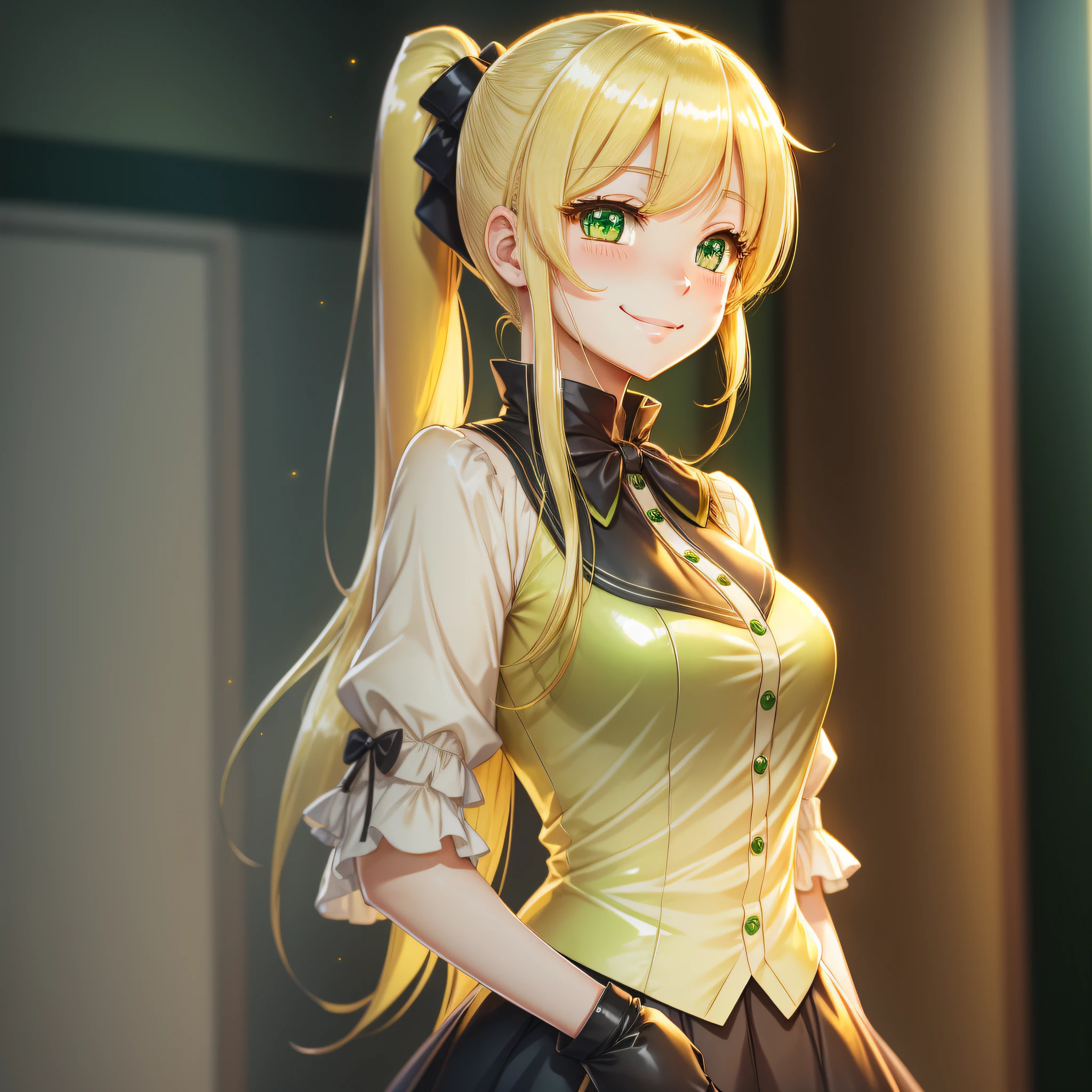 High quality, anime style, hand covering, standing posture, double ponytail, yellow hair, green eyes, shiny eyes, ta, tight, bangs, smile, gentle, seductive, blushing --auto --s2