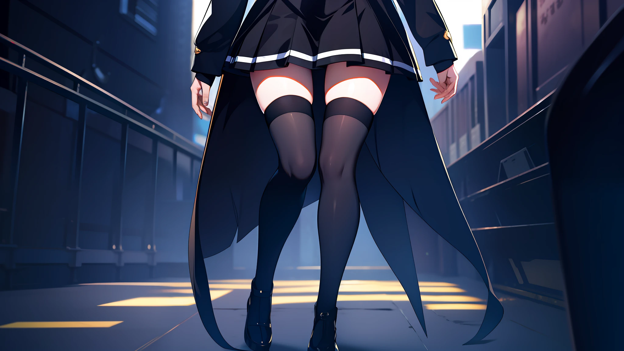 Kneeling, black skirt, hands between thighs, head out of frame, body only, head out of frame, M legs, thighhigh,