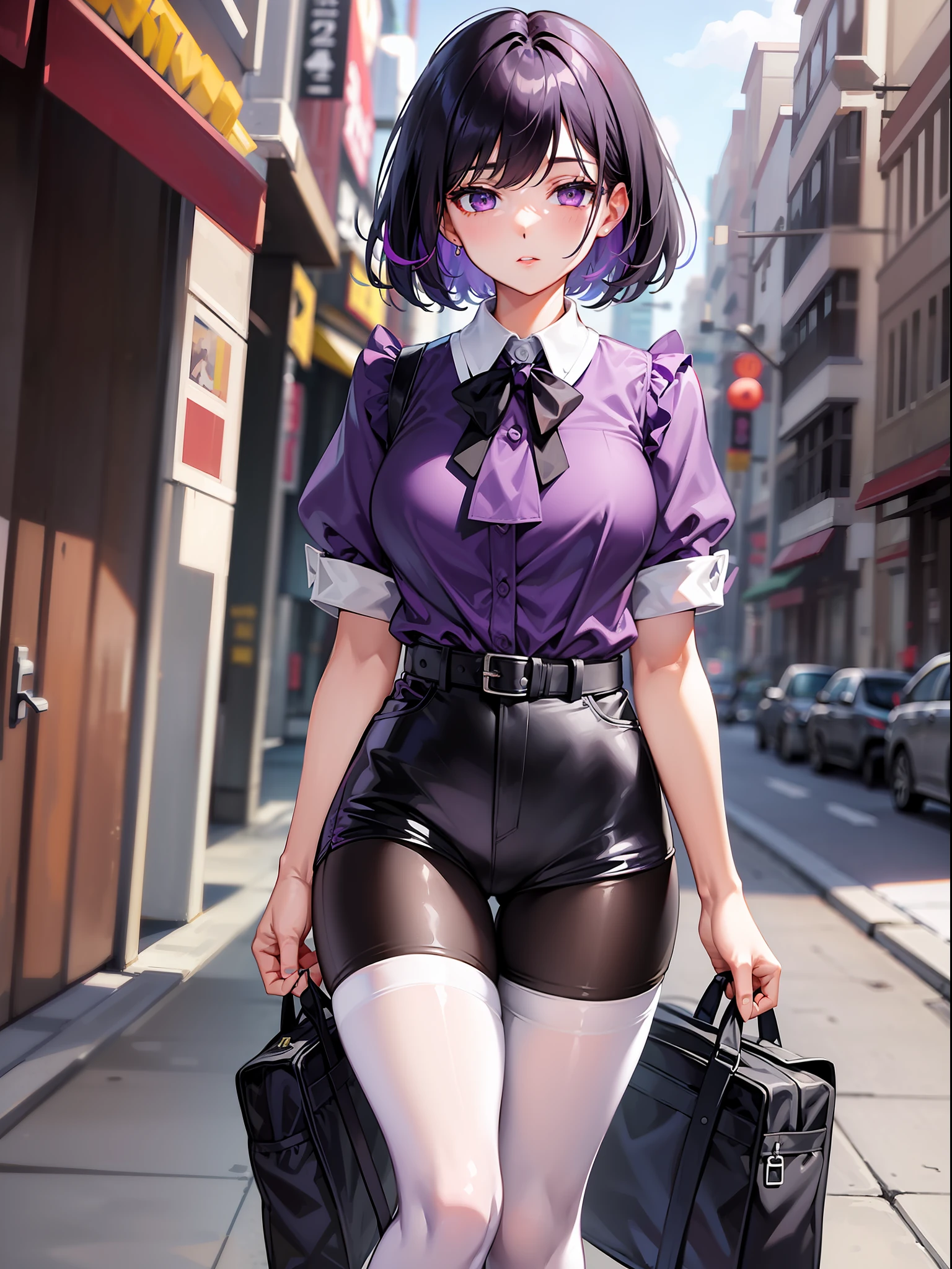 Black hair short, short purple clothes with white collar sleeves, purple shorts, white waist belt, color pantyhose, girl, outdoor