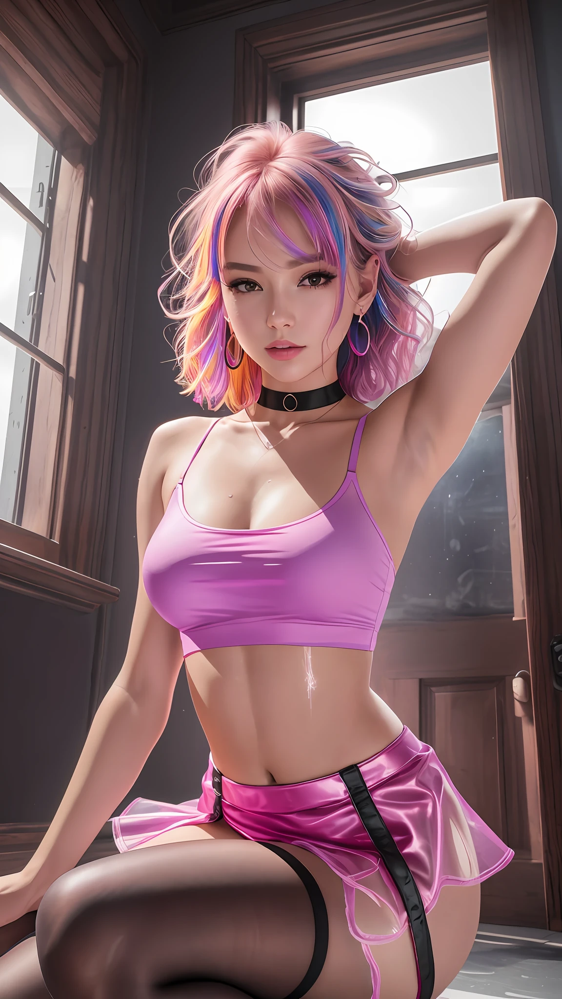 ((medium breast, small head)), daylight, sunlight, (perfect body : 1.1), (young), (short wavy hair : 1.2) , ( 2 color hair : 1.3), choker, full body shot, crowded street, ((wearing a pink see-through tight wet crop camisole see-through top)), ((miniskirt)), (extremely detailed CG 8k wallpaper), (an extremely delicate and beautiful), (masterpiece), (best quality:1.0), (ultra highres:1.0),  beautiful lighting ,stiff nipple, cameltoe, perfect lightning,pulling skirt, realistic shadows, [highres], detailed skin, ultra-detailed, spread thigh, one leg up, squatting on the floor, black thighhigh, red high heels, large earring, thighs, (((colorful))), topless, beauty mark, angle from below