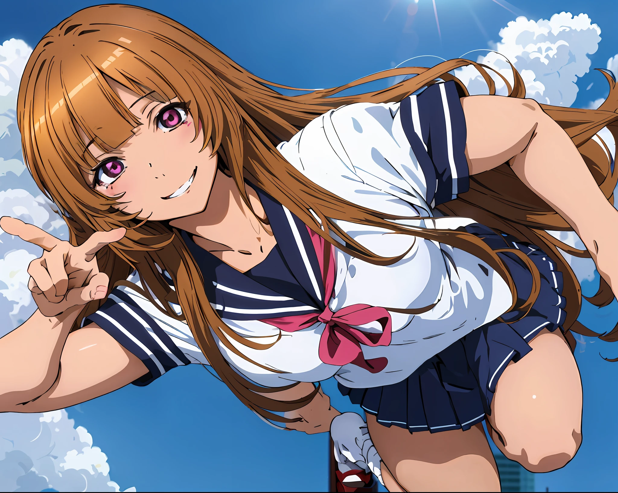 High Resolution High Definition Delicate Depiction Detailed Drawing Moe Anime Solo Beautiful Girl Kogal Brown Skin Tanned Skin (1.5) Energetic Cheeky Smile Buggy Socks ((1.5)) Gal Makeup Worn School Uniform Sailor Suit Mini Skirt (0.5) Peace sign next to the eyes (45°) Shibuya Center Gai Downtown Blue sky Oblique Light Accurate drawing