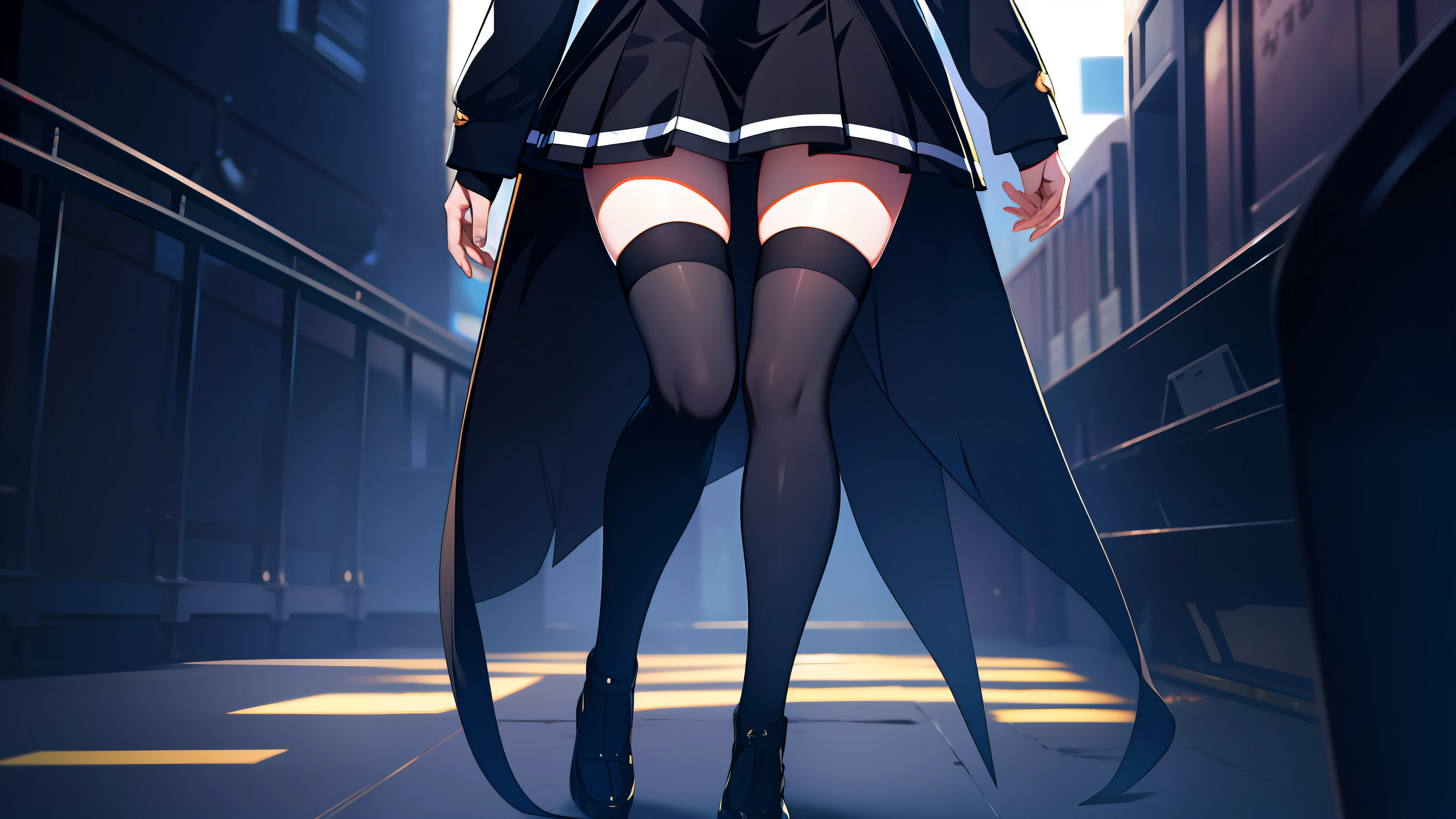 Kneeling, black skirt, hands between thighs, head out of frame, body only, head out of frame, M legs, thighhigh,