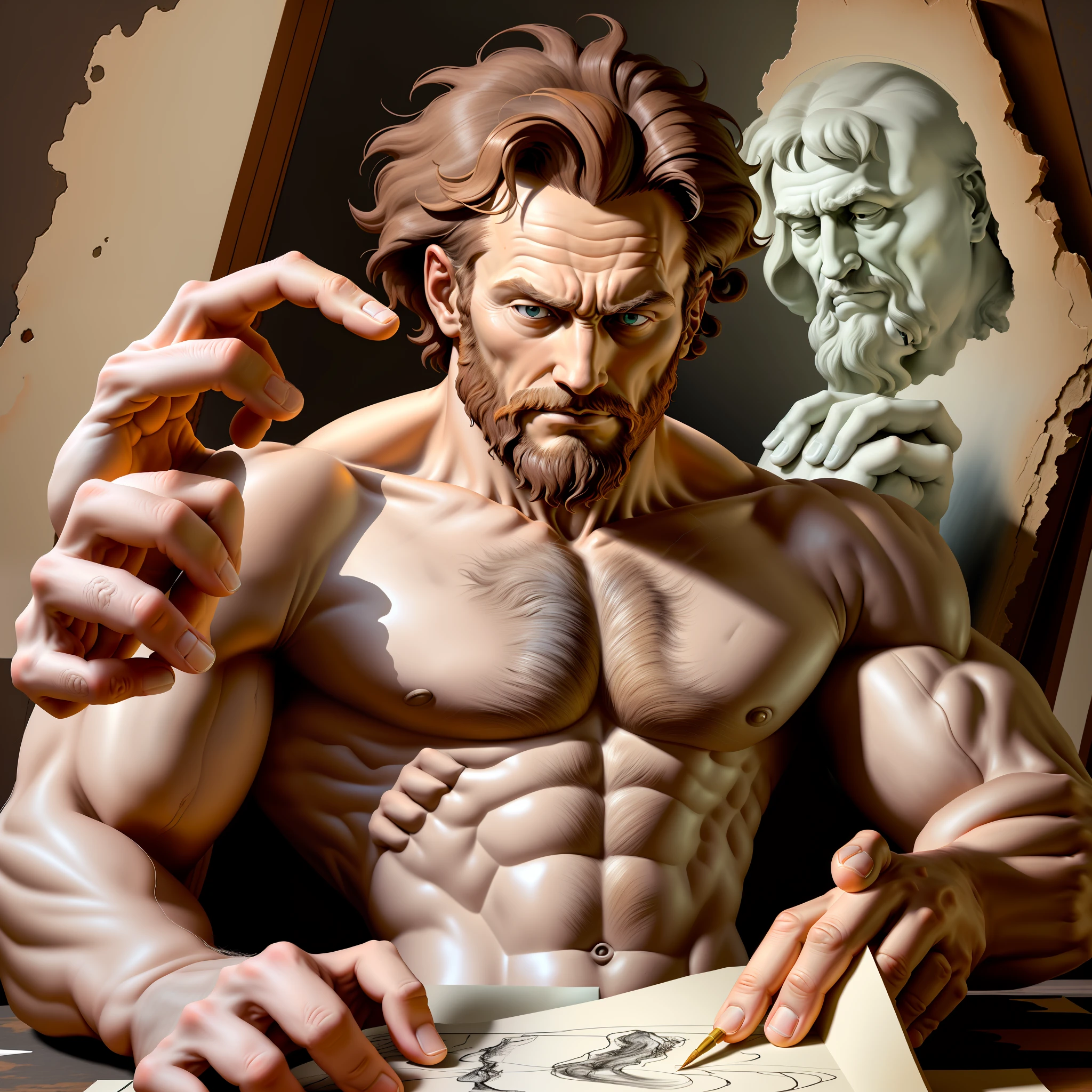 Michelangelo in action, immersed in his artistic passion, working on one of his masterpieces. He is pictured in his studio, a spacious, well-lit space where creativity comes to life. The environment is filled with unfinished sculptures, marble blocks and used brushes, testimonies of the ongoing artistic process.

Michelangelo, tall and imposing, is positioned in front of a large piece of marble. His broad shoulders and upright posture reflect his physical strength and determination. With his skilled hands, he sculpts with precision and energy, revealing the emerging figure of a majestic sculpture.

His small, intense, piercing eyes are focused on the work before him, expressing concentration and devotion. The broad, wrinkled forehead evidences his thoughtful and creative mind. As Michelangelo works, his mouth remains concentrated, the thin lips outlined with determination.

Natural light illuminates your face, highlighting the strong, angular features. The thick, dark hair is slightly messy, but that doesn't distract from his tireless dedication. A small well-groomed beard, according to the fashion of the time, adds a touch of character to his face.

Around it, details of Michelangelo's other works are visible, revealing his ongoing artistic legacy. The creative energy in the environment is palpable, charged with the anticipation and promise of an evolving masterpiece.

This image depicts Michelangelo at the height of his genius, capturing the essence of his passionate work and his relentless pursuit of artistic perfection.