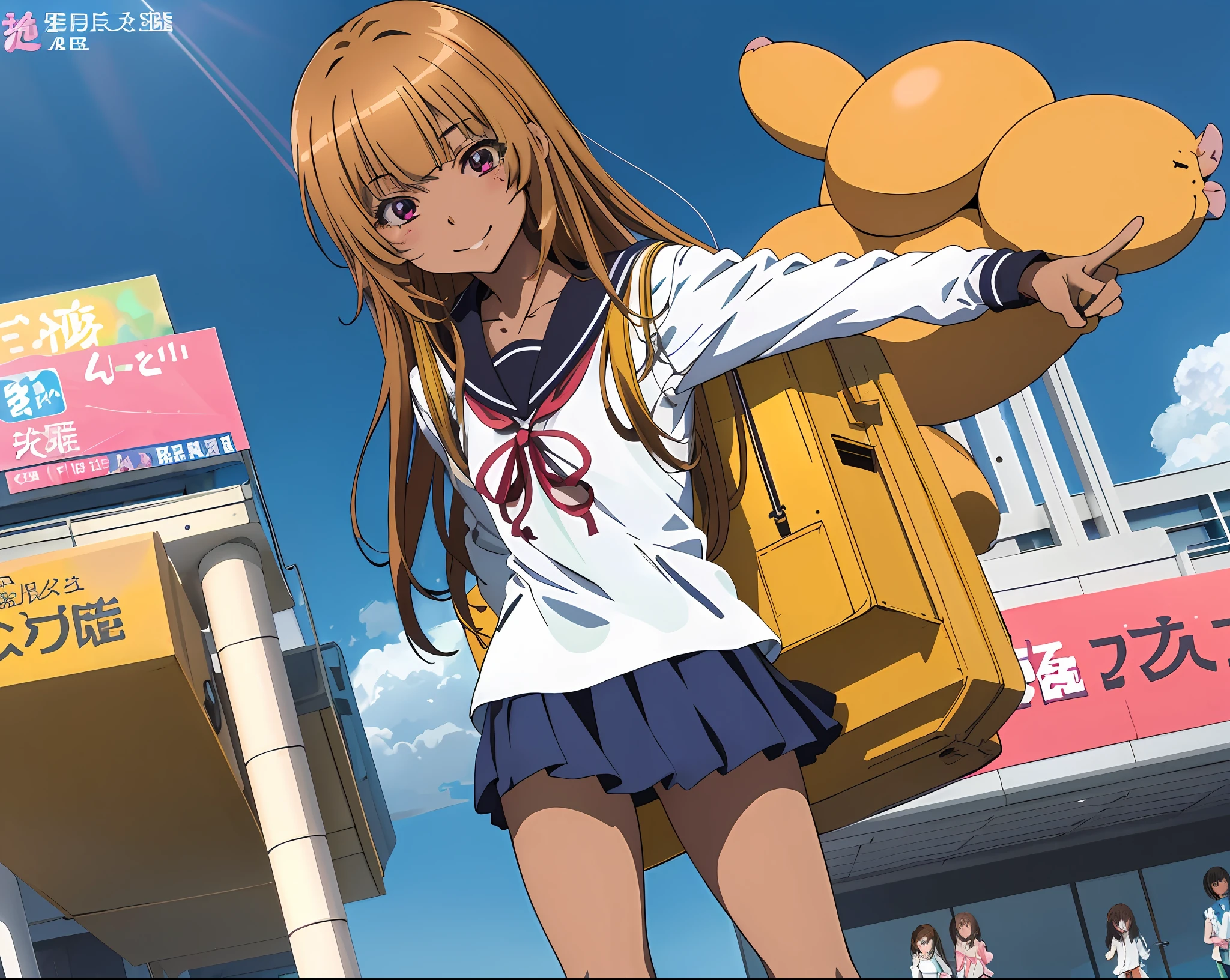 High Resolution High Definition Delicate Depiction Detailed Drawing Moe Anime Solo Beautiful Girl Kogal Brown Skin Tanned Skin (1.5) Energetic Cheeky Smile Buggy Socks ((1.5)) Gal Makeup Worn School Uniform Sailor Suit Mini Skirt (0.5) Peace sign next to the eyes (45°) Shibuya Center Gai Downtown Blue sky Oblique Light Accurate drawing