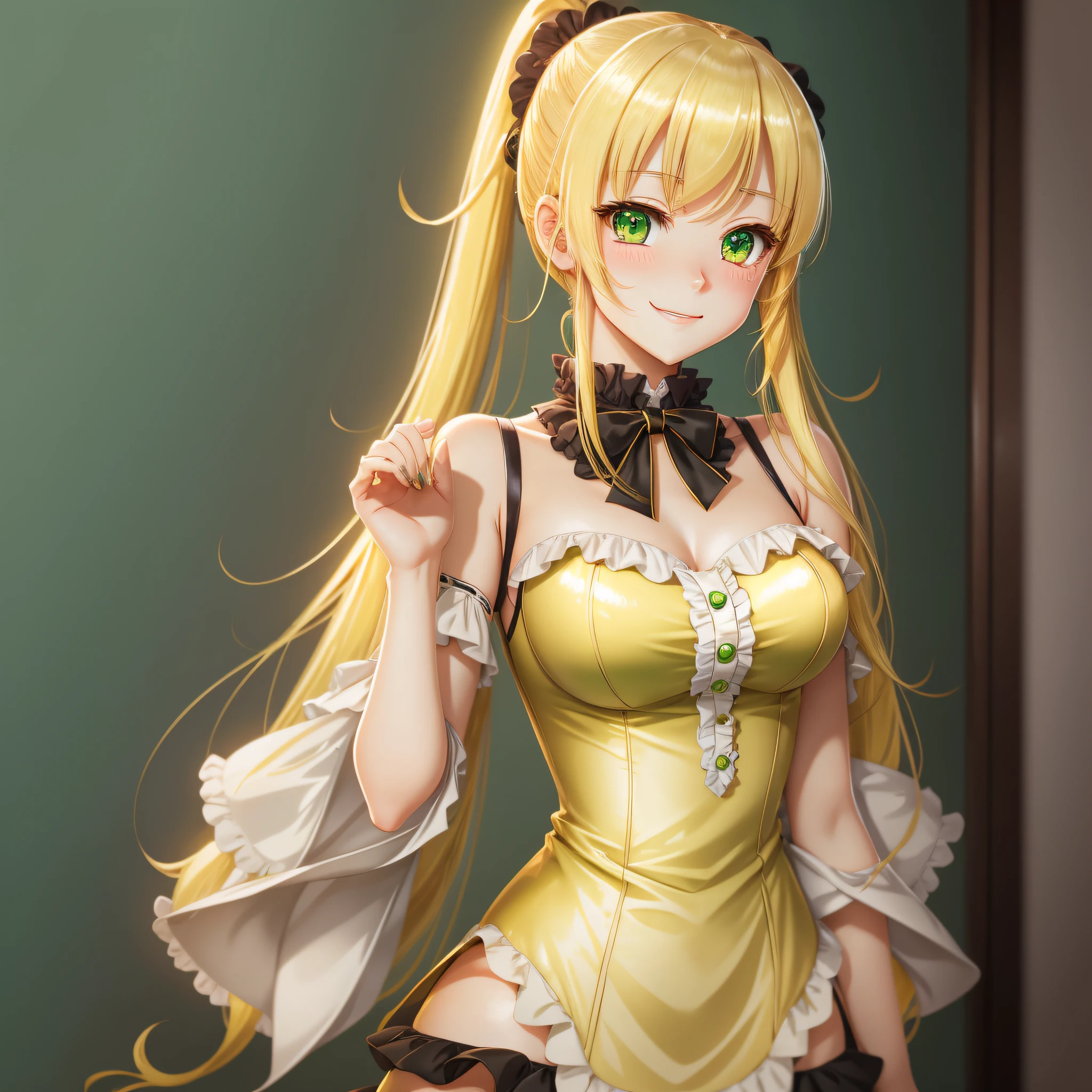 High quality, anime style, hand covering, standing posture, double ponytail, yellow hair, green eyes, shiny eyes, lolita, tight, bangs, smile, gentle, seductive, blushing --auto --s2