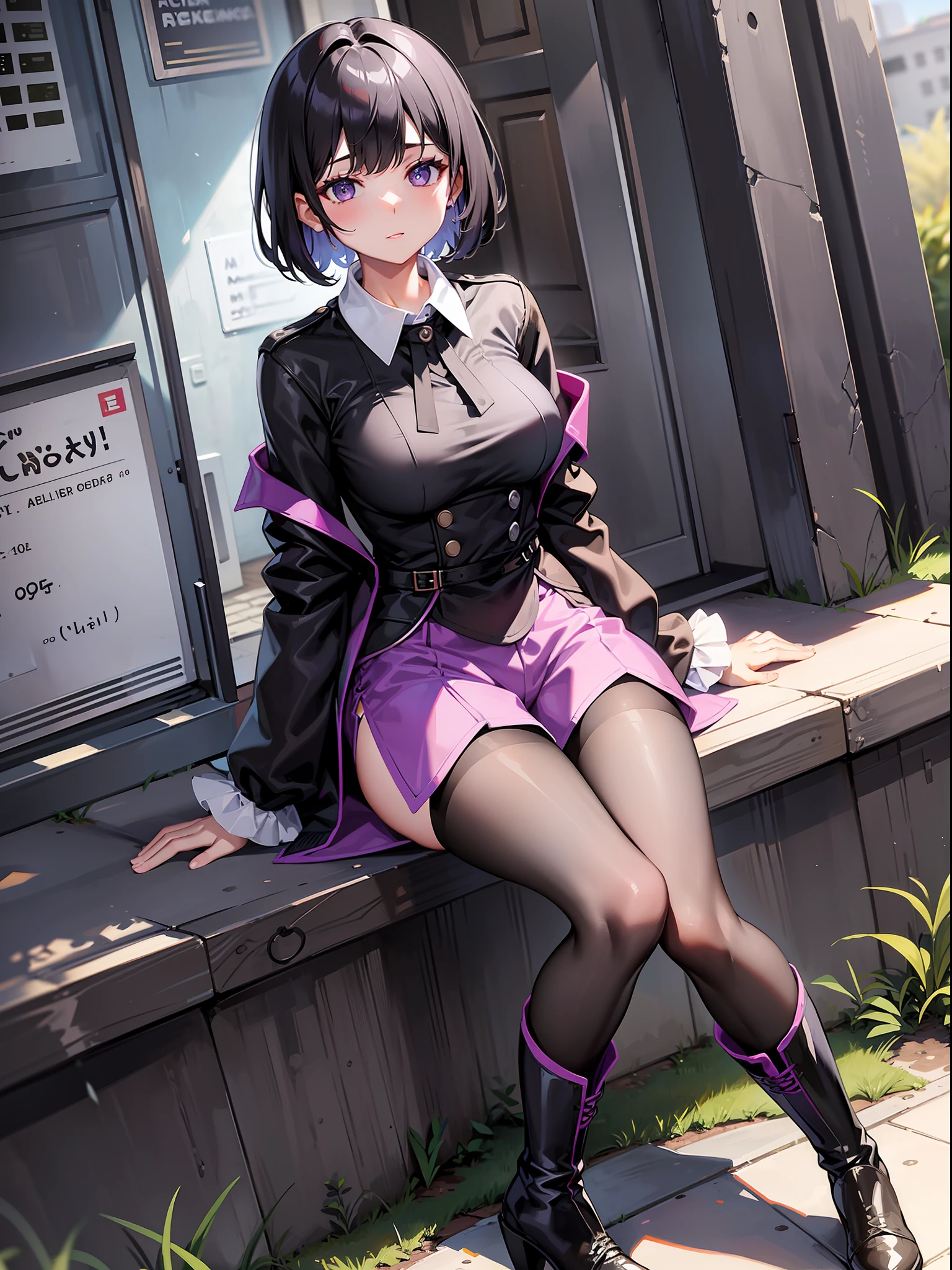 Black hair short hair, short clothes with white collar sleeves, purple shorts, black pantyhose, girl, outdoor, knee high boots