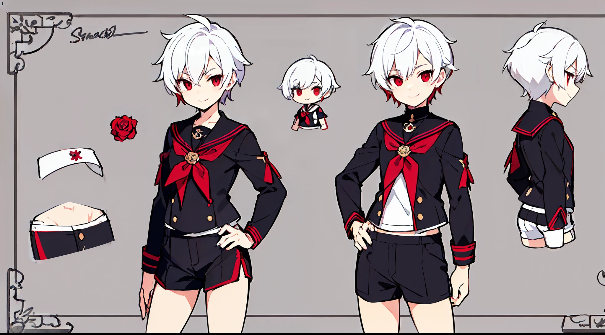 ((masterpiece)),(((best quality))),(character design sheet,same character,front,side,back), Reference sheet of a cute boy, short white hair, red eyes, smiling, black sailor outfit with short shorts, red rose as accessory, detailed face, detailed hair, (simple background, white background: 1.3)