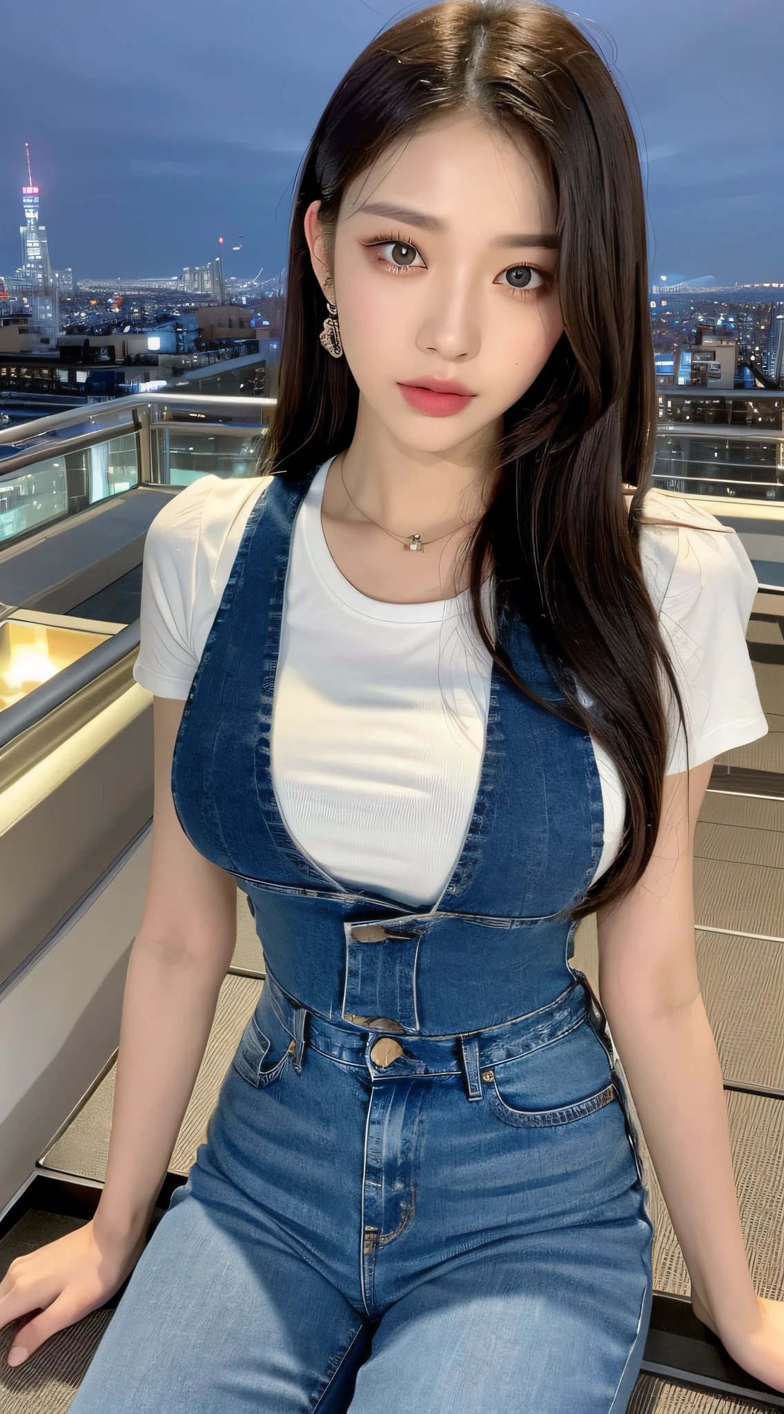 ((Midnight, Best quality, 8k, Masterpiece :1.3)), Whole body, Long legs, Sharp focus :1.2, A pretty woman with perfect figure :1.4, Slender abs :1.1, ((Dark brown hair, :1.2)), (White tight tshirt, Jean bib, Standing:1.2), ((Night city view, Rooftop:1.3)), Highly detailed face and skin texture, Detailed eyes, Double eyelid