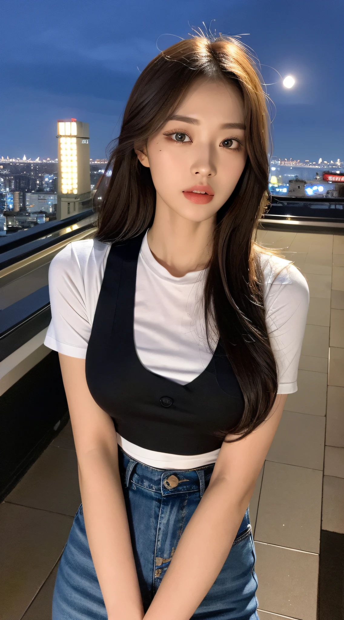 ((Midnight, Best quality, 8k, Masterpiece :1.3)), Whole body, Long legs, Sharp focus :1.2, A pretty woman with perfect figure :1.4, Slender abs :1.1, ((Dark brown hair, Big breasts :1.2)), (White tight tshirt, Jean bib, Standing:1.2), ((Night city view, Rooftop:1.3)), Highly detailed face and skin texture, Detailed eyes, Double eyelid