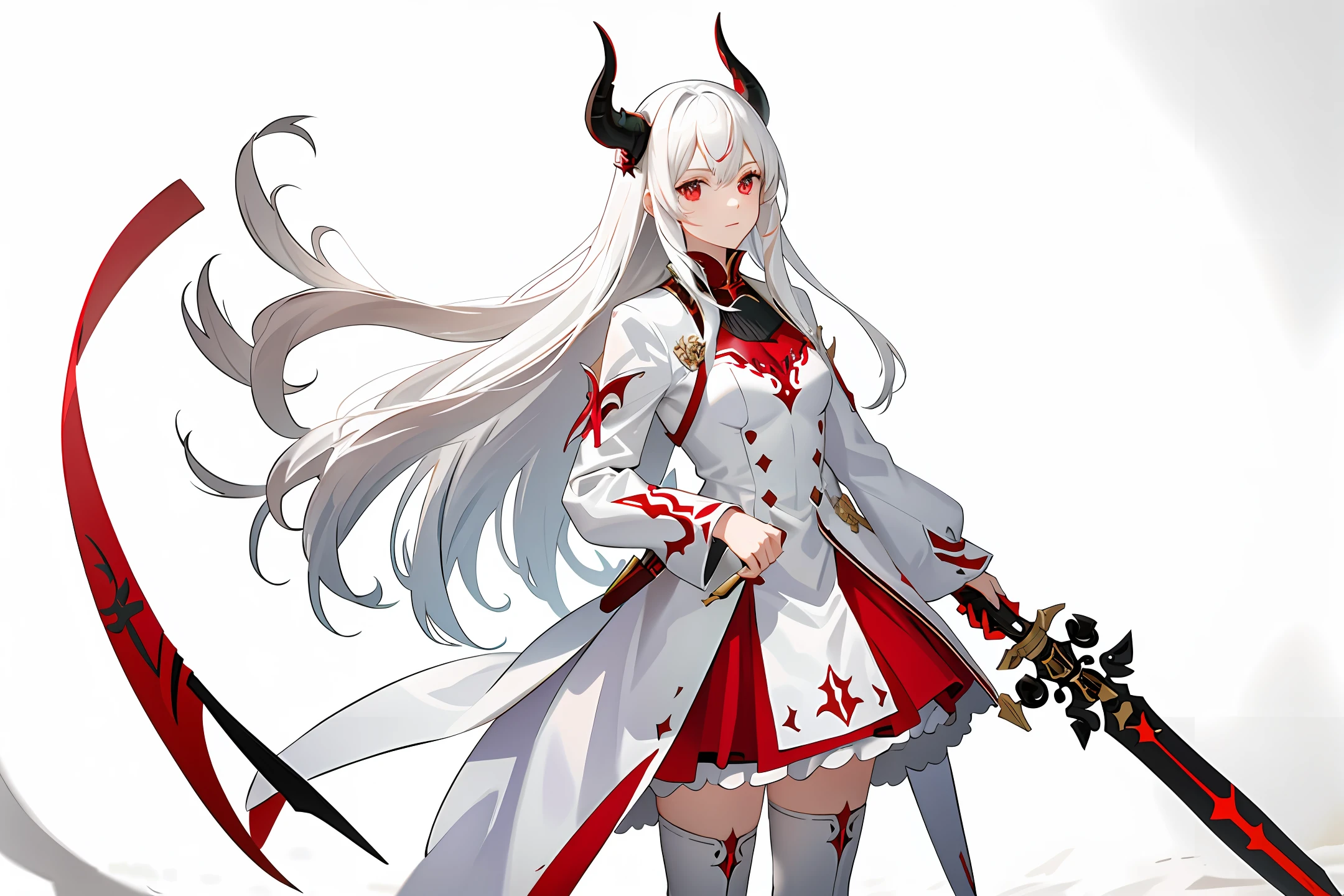 Maiden, demon horn, white hair, wearing red armor, holding a red longsword, stepping on the black earth