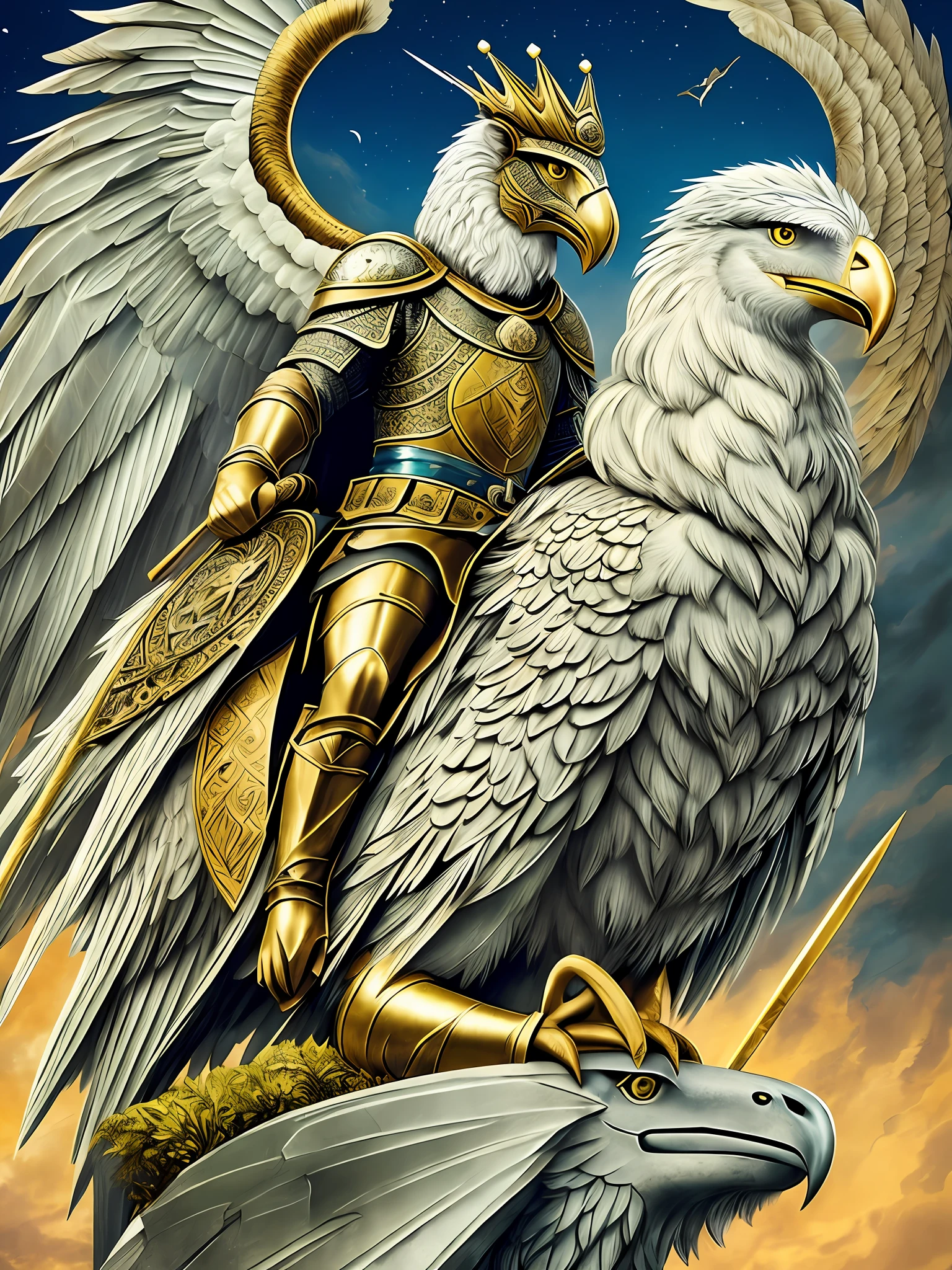 King Arthur with a Gryphon: King Arthur, the legendary knight, sits upon a regal throne, with a magnificent Gryphon perched at his side. Both King Arthur and the Gryphon exude an aura of nobility and bravery, representing the union of human valor and mythical prowess.
