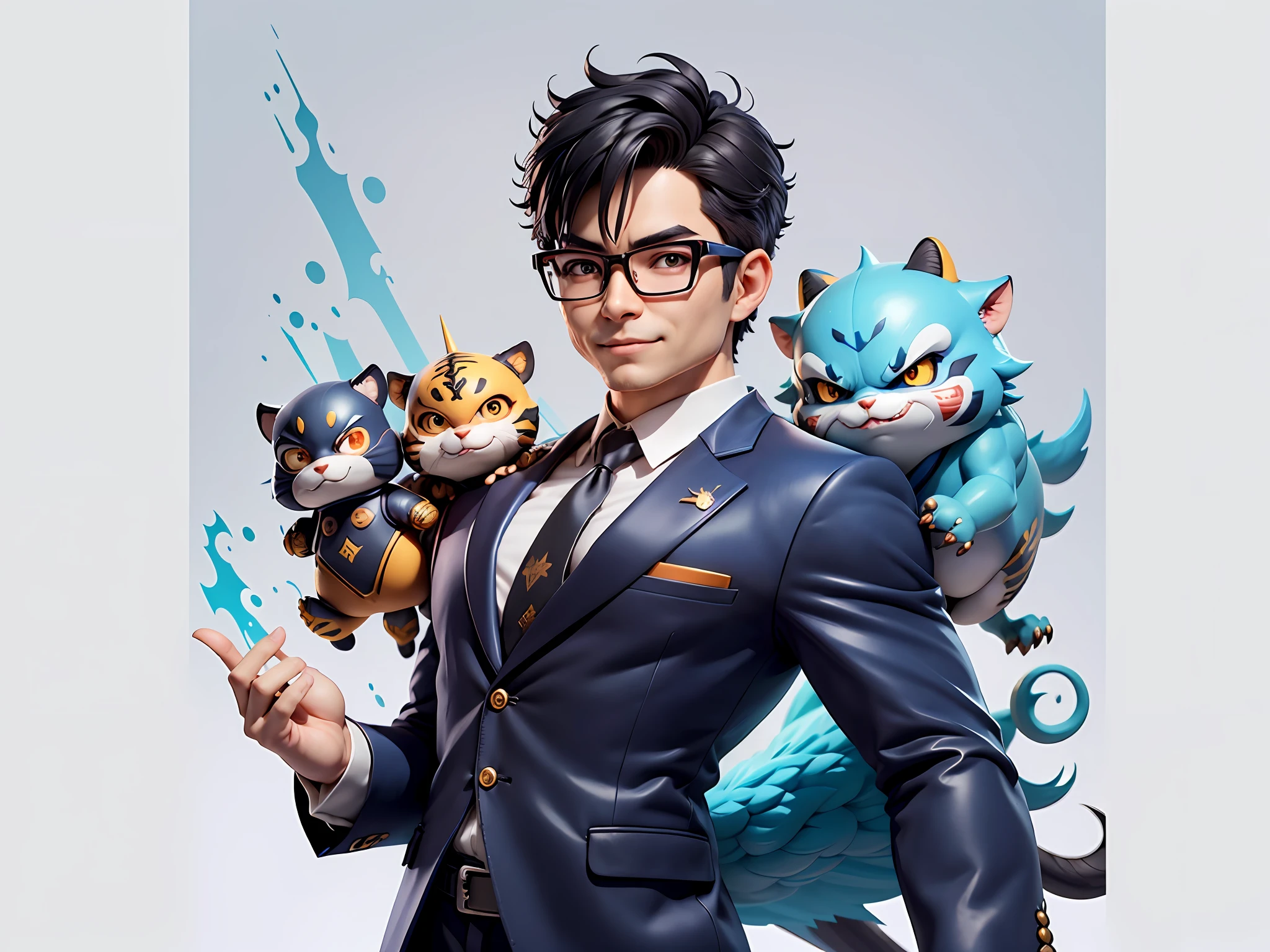 (Masterpiece), (Extreme Quality), (Super Meticulous), (Full Body: 1.2), Super Young Man, Chinese Dragon, Tiger, Wind God Thor, Sexy, Bursting, Oriental Face, TV Anchor, Bust Portrait Illustration, Black Suit, Blue Tie, Slightly Chubby Face, Silver Glasses, Very Clean Face, No Beard on Chin, Black Super Short Hair, Black Eyes, Confident Smile, 3c Computer Sub-Products, iPad, iPhone, Digital Painting, 3D Character Design by Mark Clairedon and Pixar and Hayao Miyazaki and Akira Toriyama, The illustration is a high-definition illustration in 4K resolution with very detailed facial features and cartoon-style visuals.