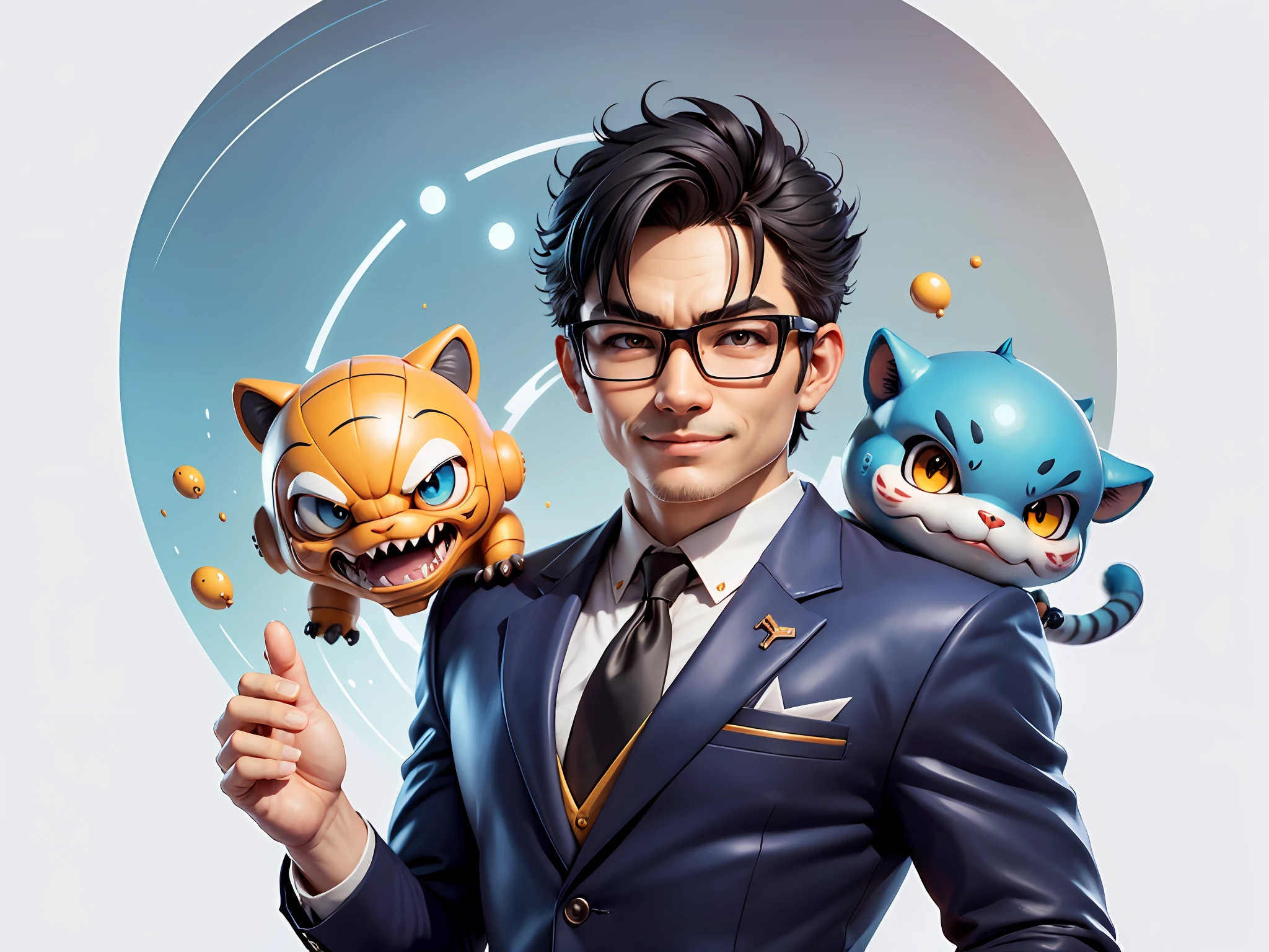(Masterpiece), (Extreme Quality), (Super Meticulous), (Full Body: 1.2), Super Young Man, Chinese Dragon, Tiger, Wind God Thor, Sexy, Bursting, Oriental Face, TV Anchor, Bust Portrait Illustration, Black Suit, Blue Tie, Slightly Chubby Face, Silver Glasses, Very Clean Face, No Beard on Chin, Black Super Short Hair, Black Eyes, Confident Smile, 3c Computer Sub-Products, iPad, iPhone, Digital Painting, 3D Character Design by Mark Clairedon and Pixar and Hayao Miyazaki and Akira Toriyama, The illustration is a high-definition illustration in 4K resolution with very detailed facial features and cartoon-style visuals.