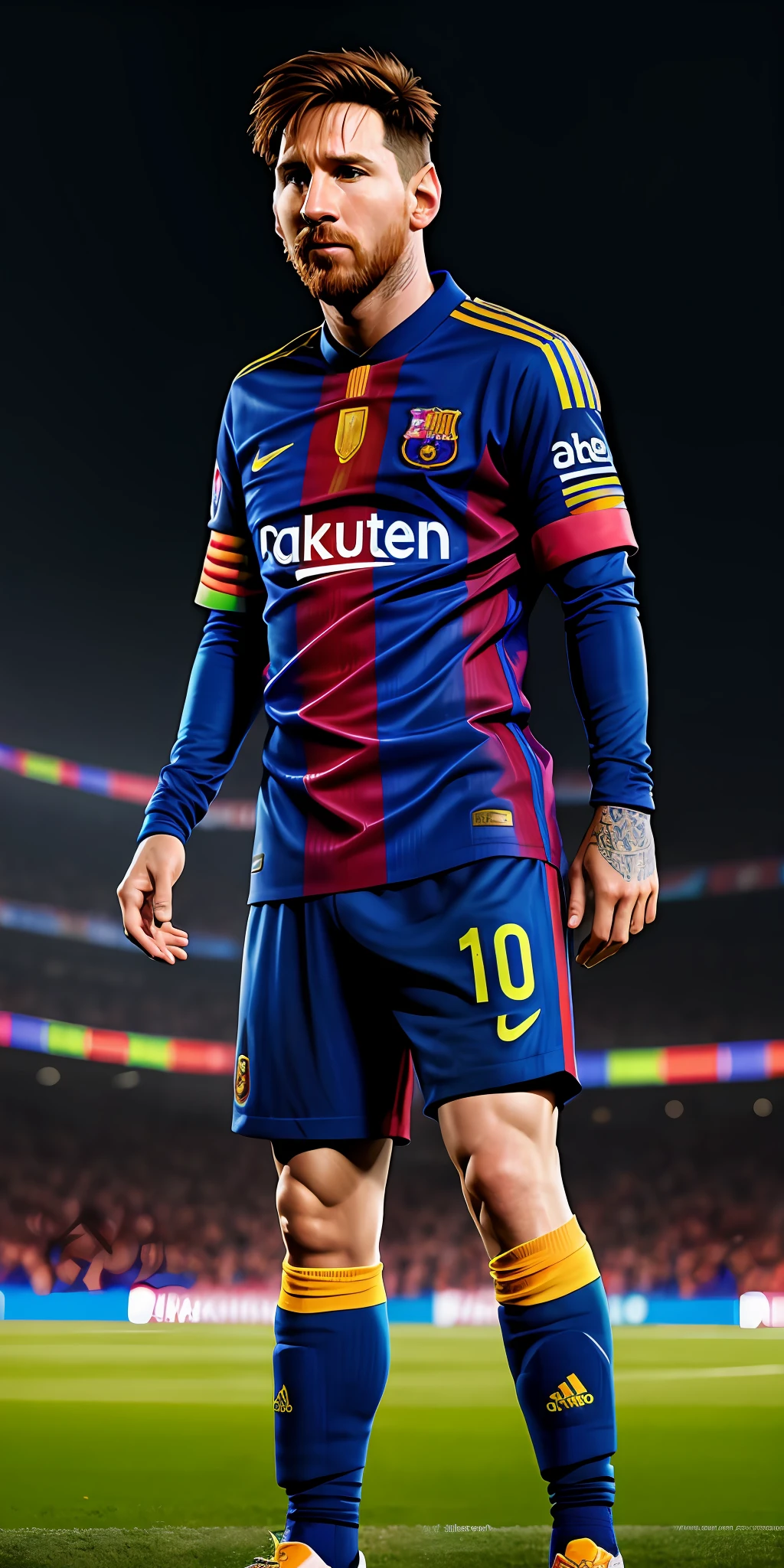 Lionel messi ((time)), wearing barcelna uniform, off the track field,, photorealistic, photo, masterpiece, realistic, realism, photorealism, high contrast, photorealistic digital art trend in Artstation 8k HD high definition detailed realistic, detailed, skin texture, hyper detailed, realistic skin texture, armor, best quality