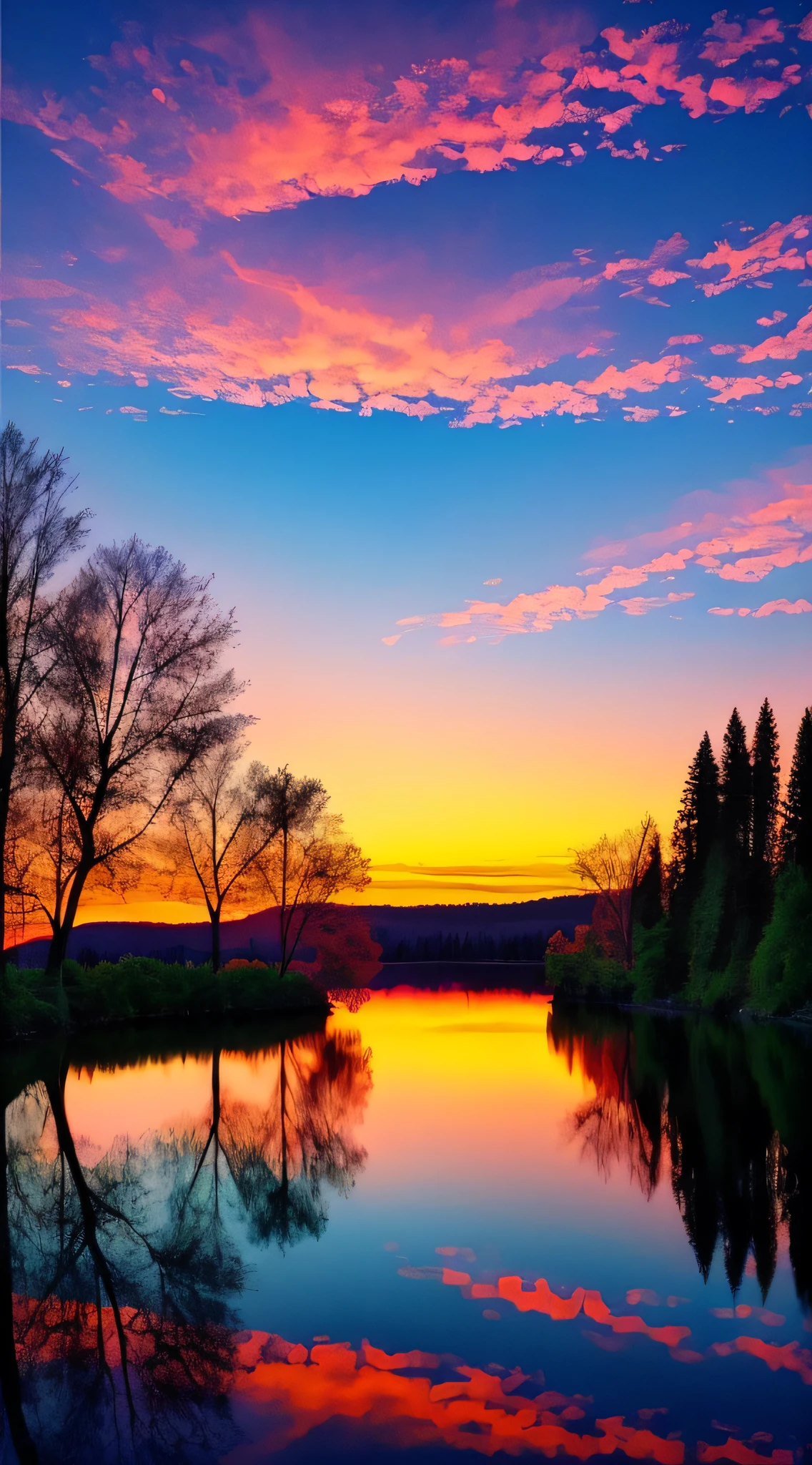there is a beautiful sunset with a lake and trees in the background, colorful skies, surreal colors, colorful sunset, colorful sky, marvellous reflection of the sky, stunning sky, dream like atmosphere 8k, colorful clouds, colors reflecting on lake, surreal sky, red and blue reflections, fire reflection, beautiful sky, beautiful and spectacular dusk, beautiful dreamy landscape, amazing sky