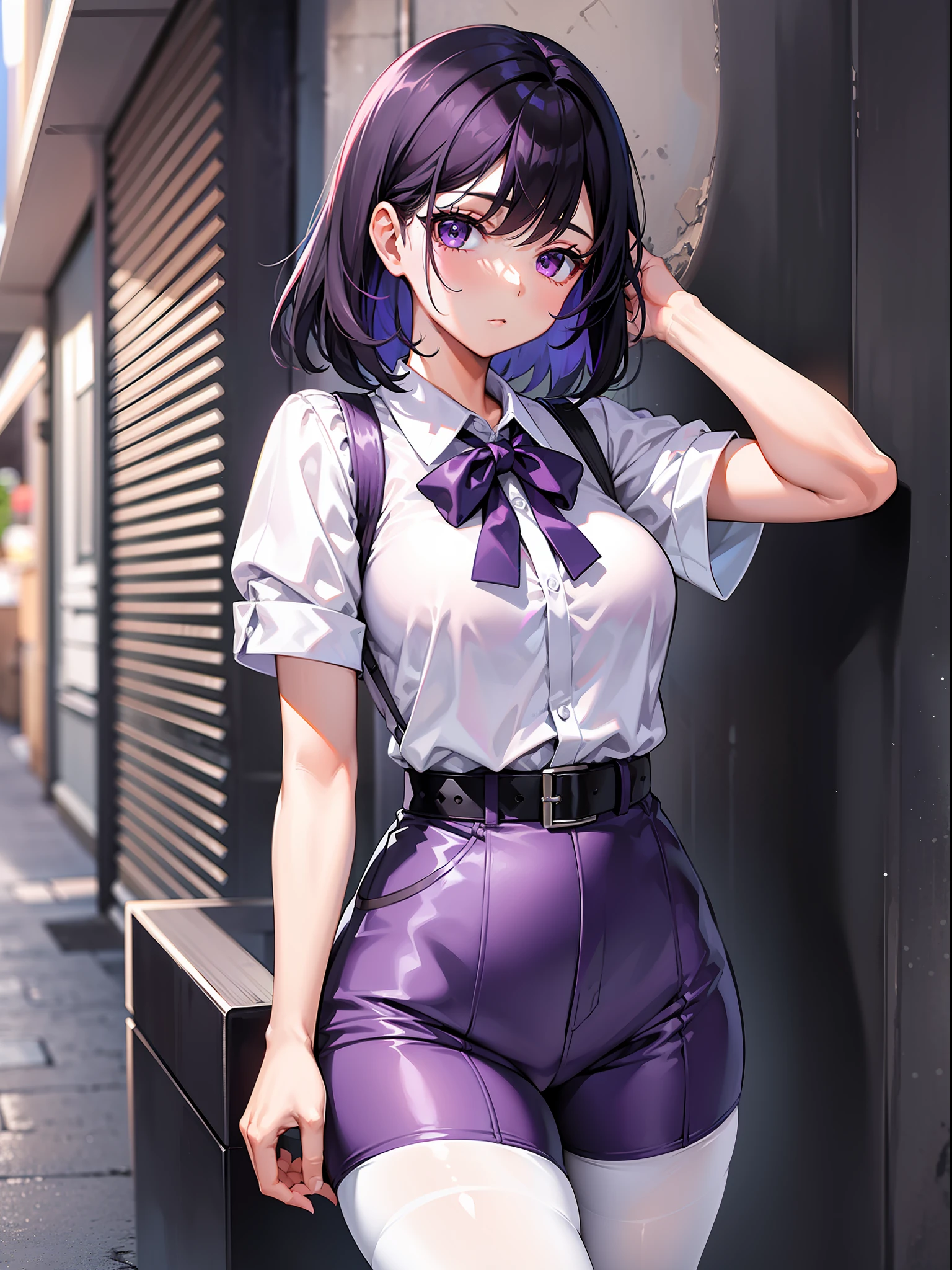 Black hair short, short purple clothes with white collar sleeves, purple shorts, white waist belt, color pantyhose, girl, outdoor