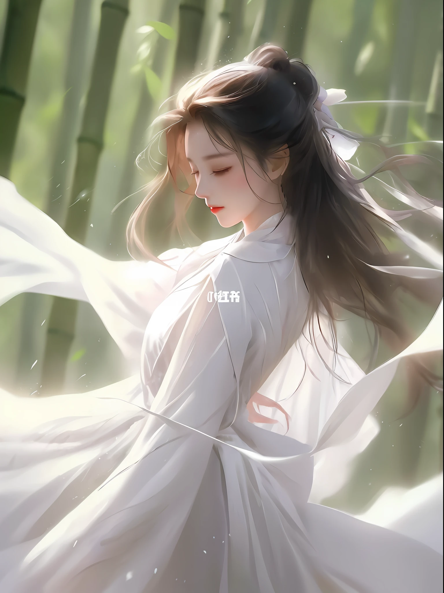 a woman in a white dress is walking through a bamboo forest, guweiz, flowing white robes, artwork in the style of guweiz, palace , a girl in hanfu, white hanfu, flowing hair and long robes, guweiz masterpiece, beautiful character painting, by Zhou Wenjing, trending on cgstation, by Yang J, by Yu Zhiding