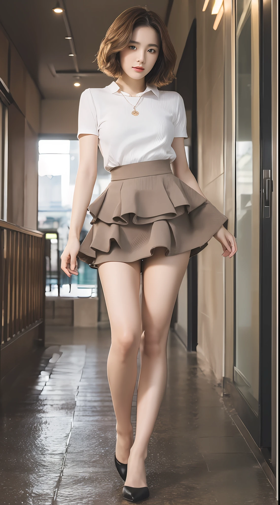 (Self-timer: 1.3), ((Best quality, 8K, Masterpiece: 1.3)), Focus: 1.2, Perfect Body Beauty: 1.4, Buttocks: 1.2, (Layered cut: 1.2)), (Dark Street: 1.3), (Highly detailed face and skin texture: 1.3), Full body, Fine eyes, Double eyelids, Whitened skin, (Brown curls, short hair: 1.2), (Casual black skirt: 1.6), showing toes