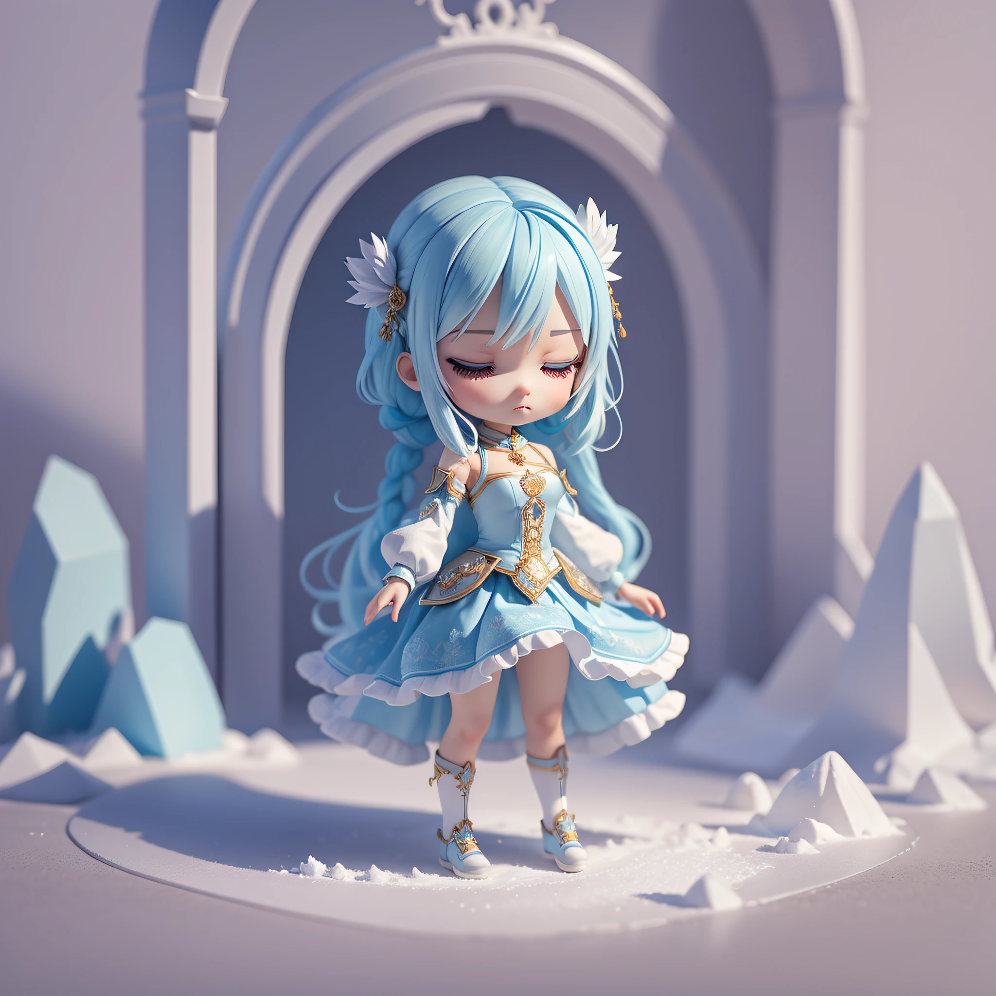 Masterpiece, best quality, lots of detail, (full body:1.2), chibi, ice girl, light blue hair, magician long dress, high cold, close eyes, 3D rendering, Q printmaking style